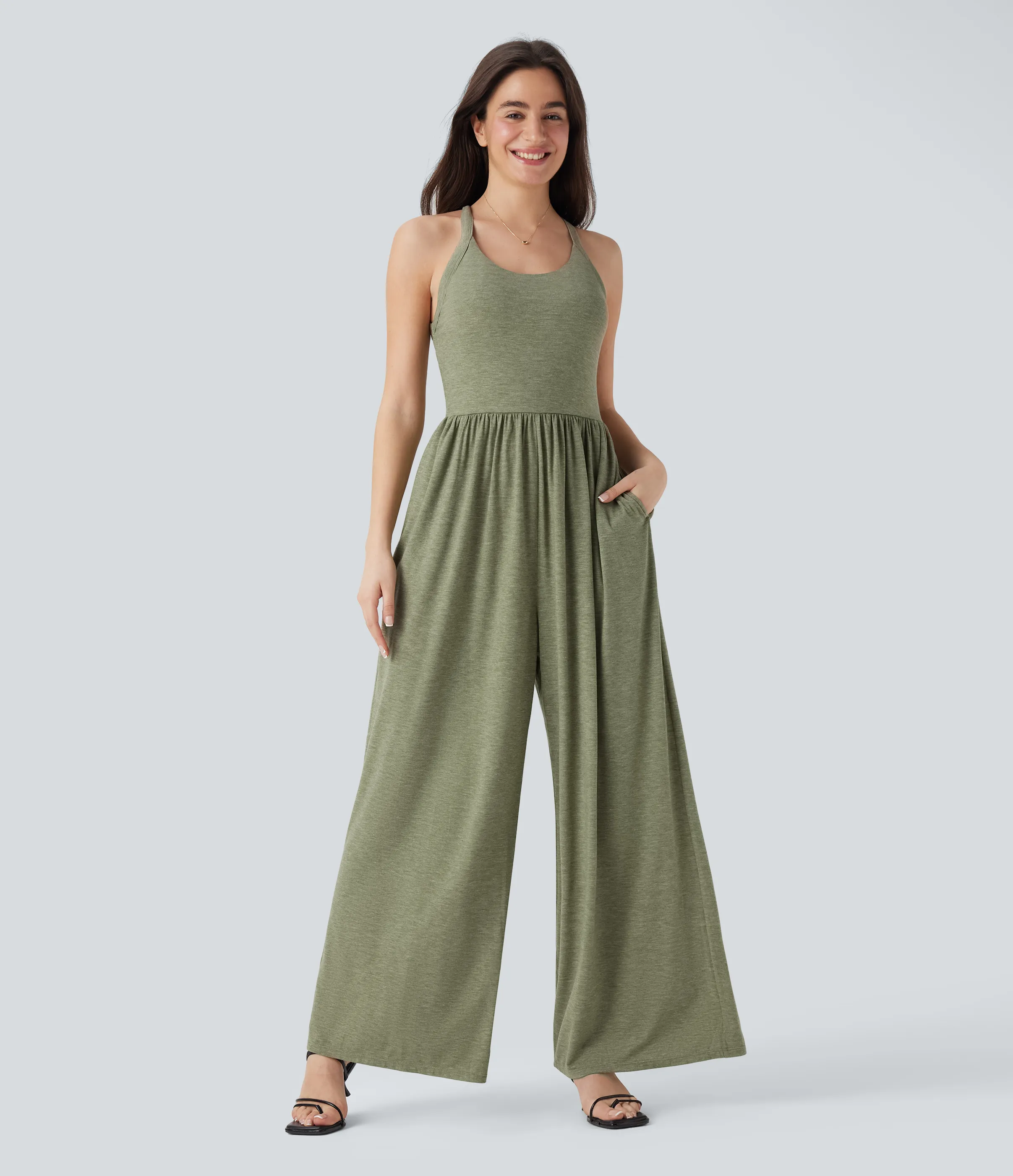 Halara Mono casual ancho con sujetador incorporado, espalda descubierta y bolsillos (edición Easy Peezy) - Light Green Floral Yarn - XS(regular) sold by Halara product image thumbnail 3