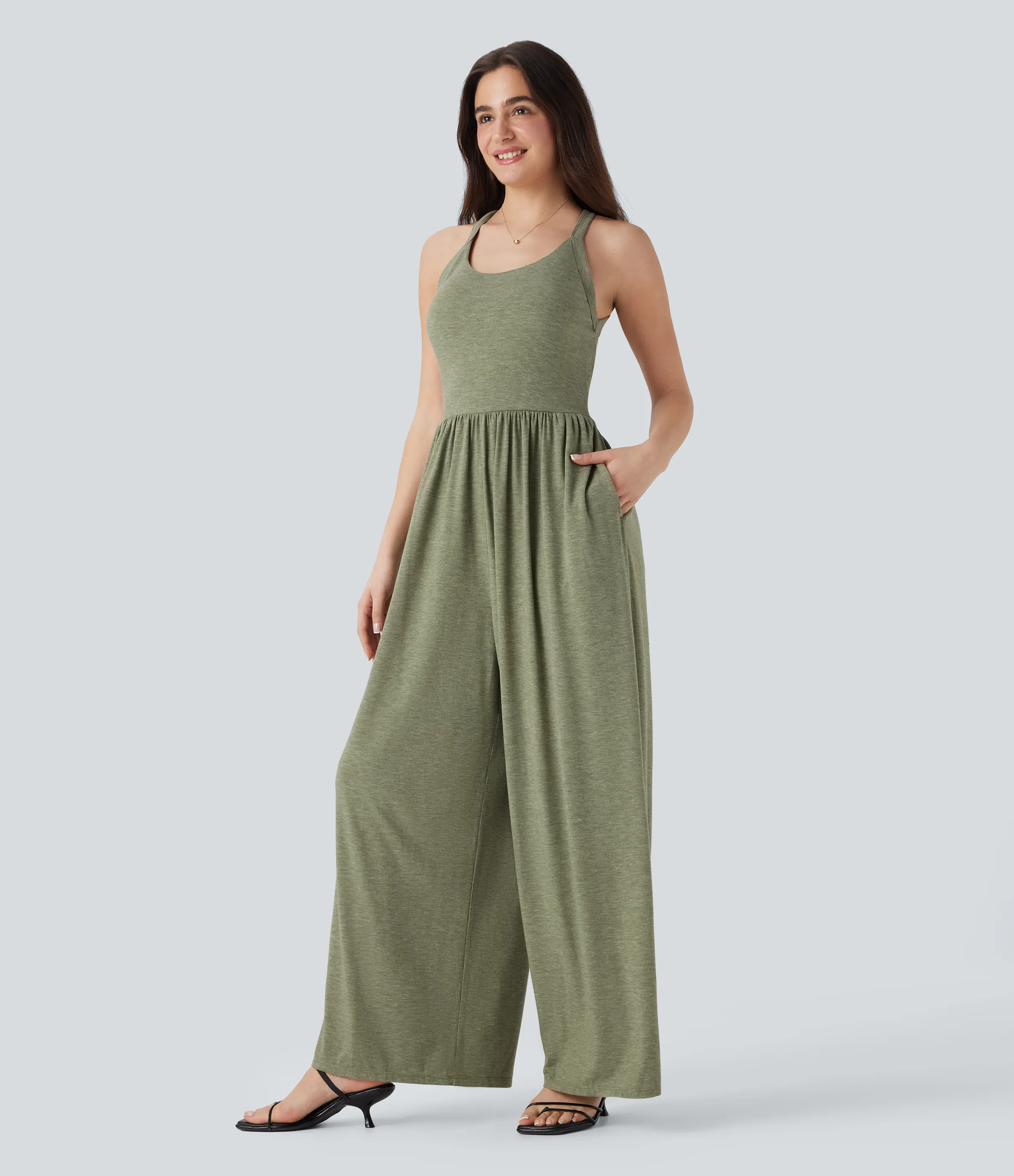 Halara Mono casual ancho con sujetador incorporado, espalda descubierta y bolsillos (edición Easy Peezy) - Light Green Floral Yarn - XS(regular) sold by Halara product image thumbnail 4