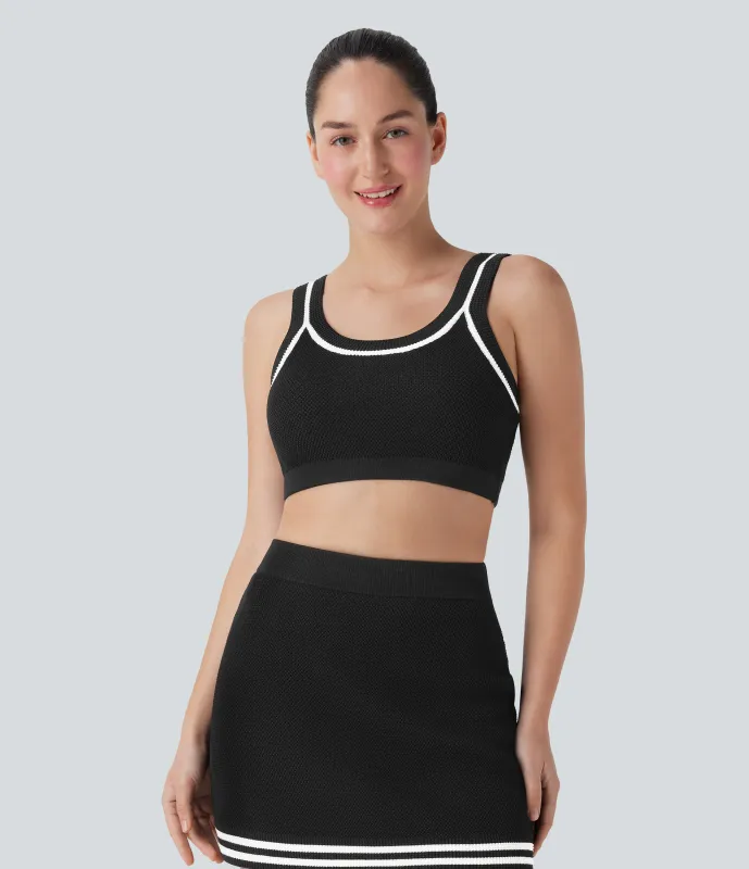 Halara Suéter casual corto de punto con bloques de color y espalda descubierta - Black - XL made by Halara