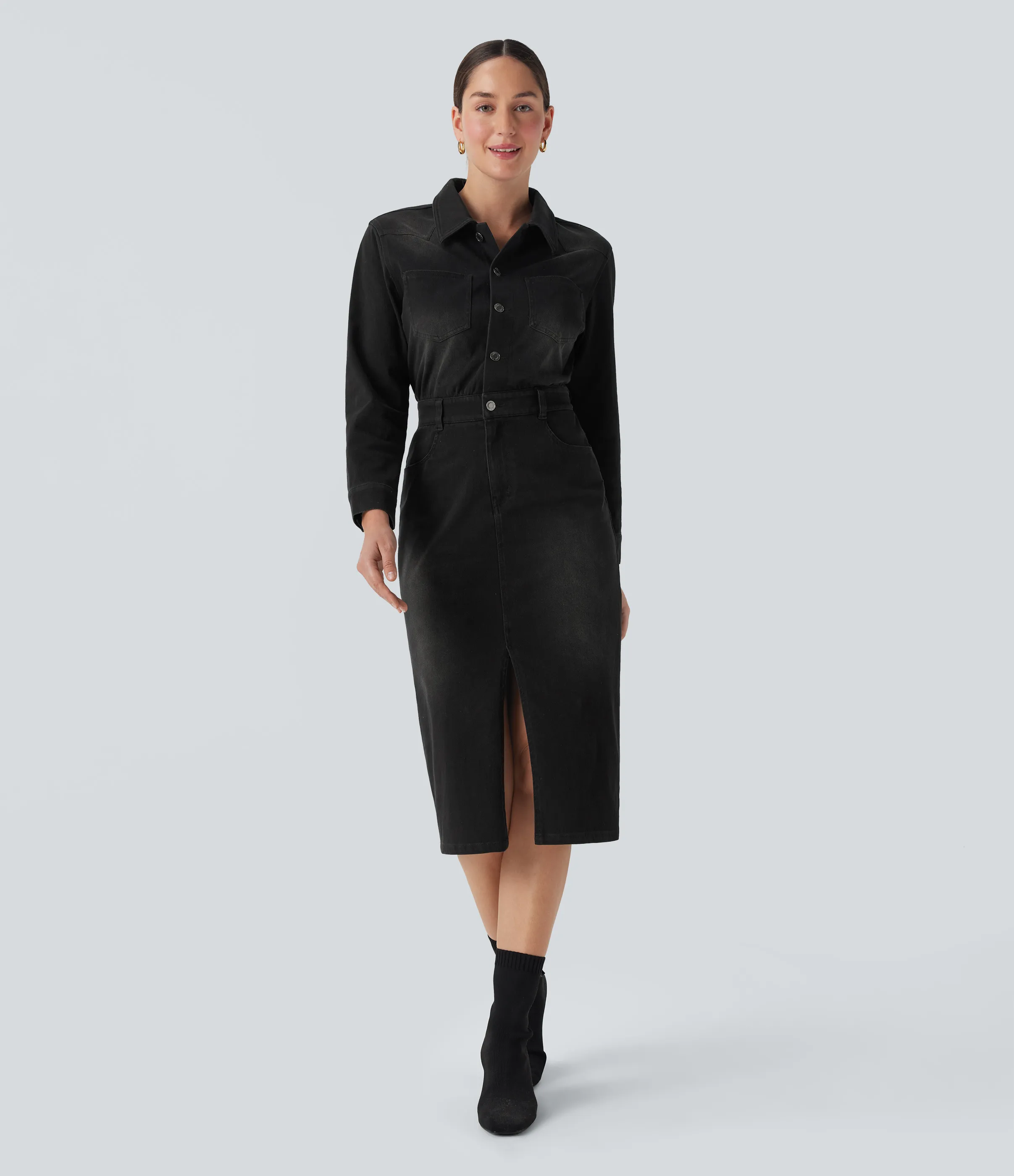 Halara Vestido camisero casual midi Halara Flex™ de manga larga de mezclilla con bolsillos - Phantom Denim - XL sold by Halara product image thumbnail 2