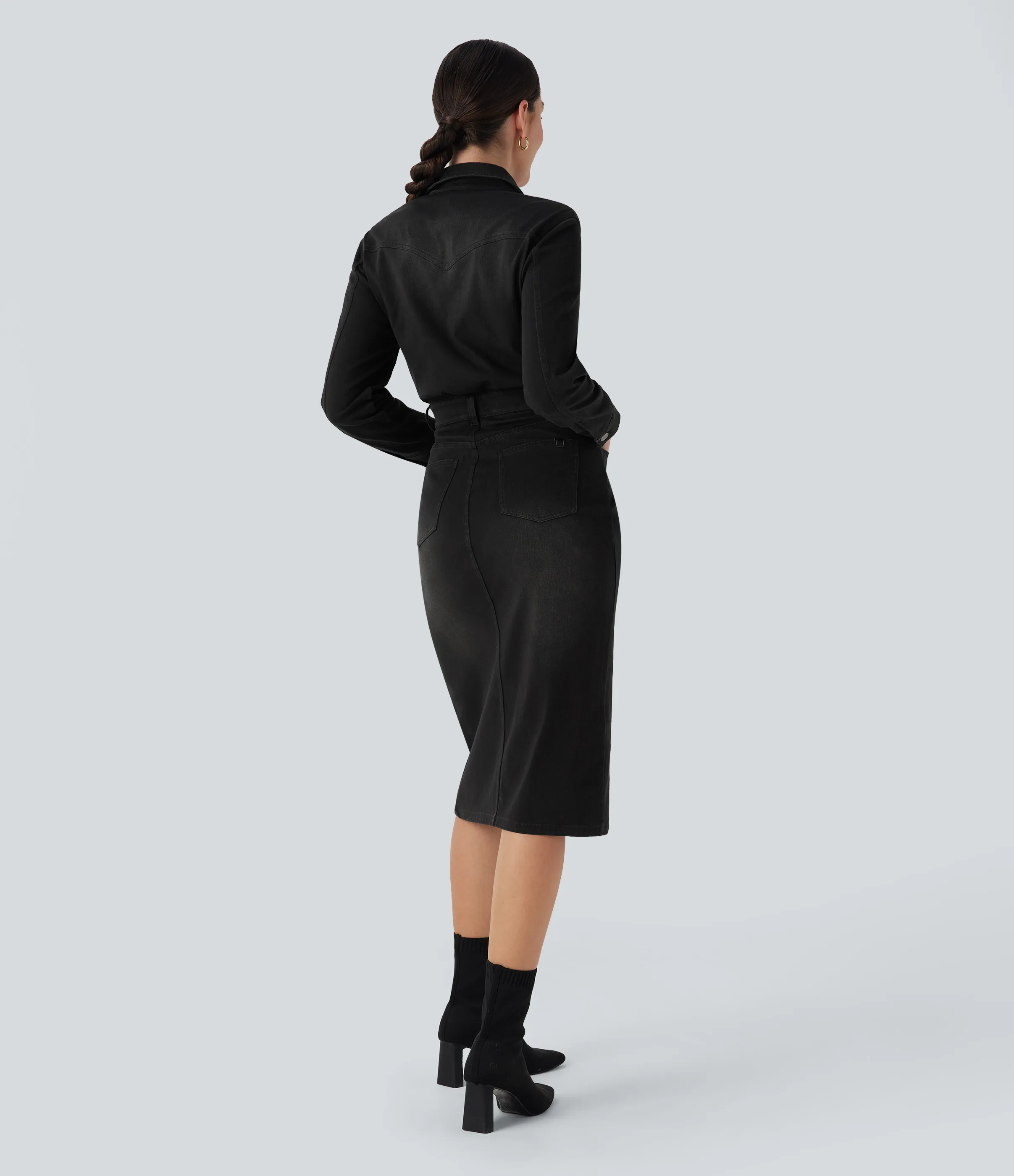 Halara Vestido camisero casual midi Halara Flex™ de manga larga de mezclilla con bolsillos - Phantom Denim - XL sold by Halara product image thumbnail 3