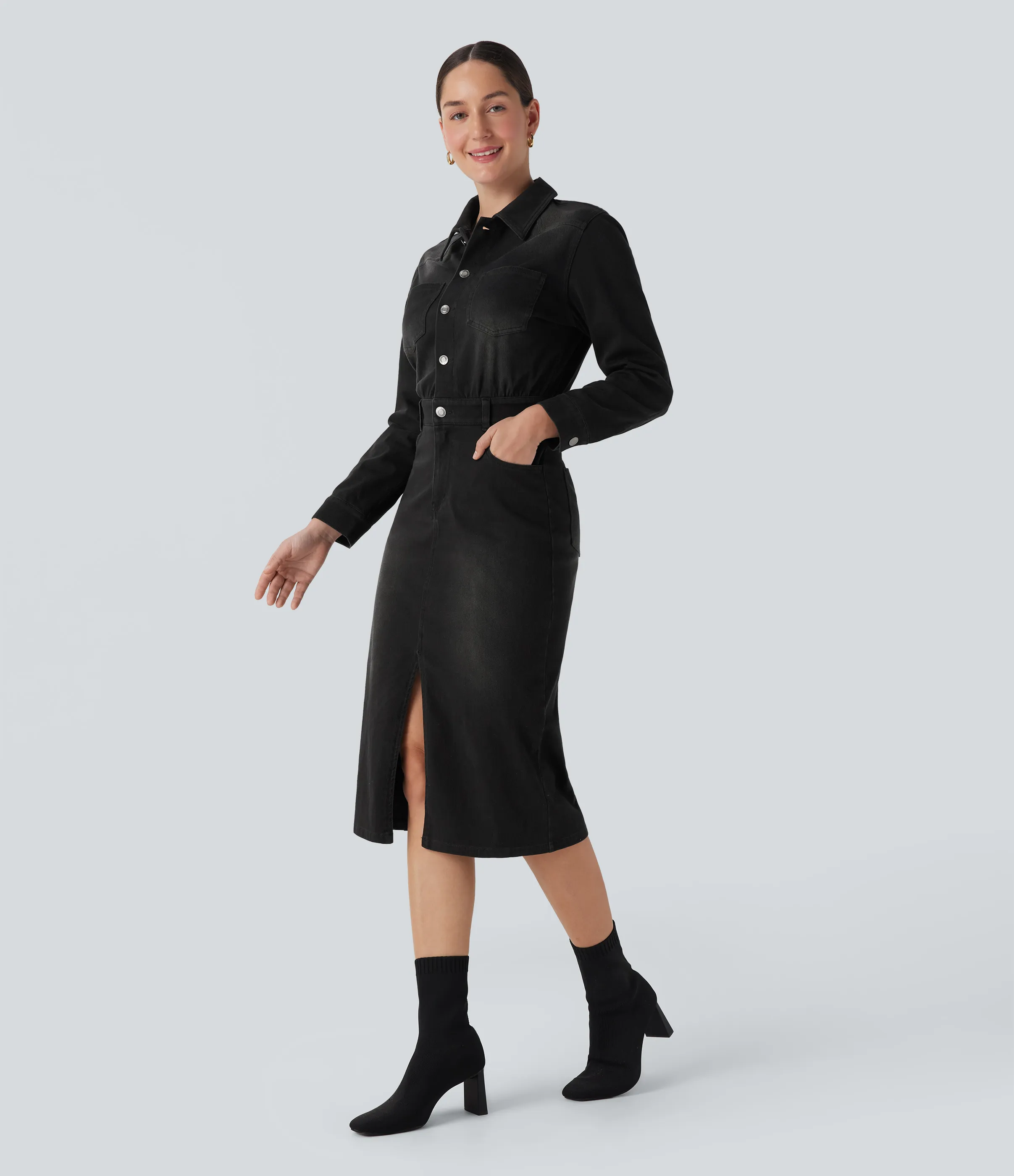 Halara Vestido camisero casual midi Halara Flex™ de manga larga de mezclilla con bolsillos - Phantom Denim - XL sold by Halara product image thumbnail 4