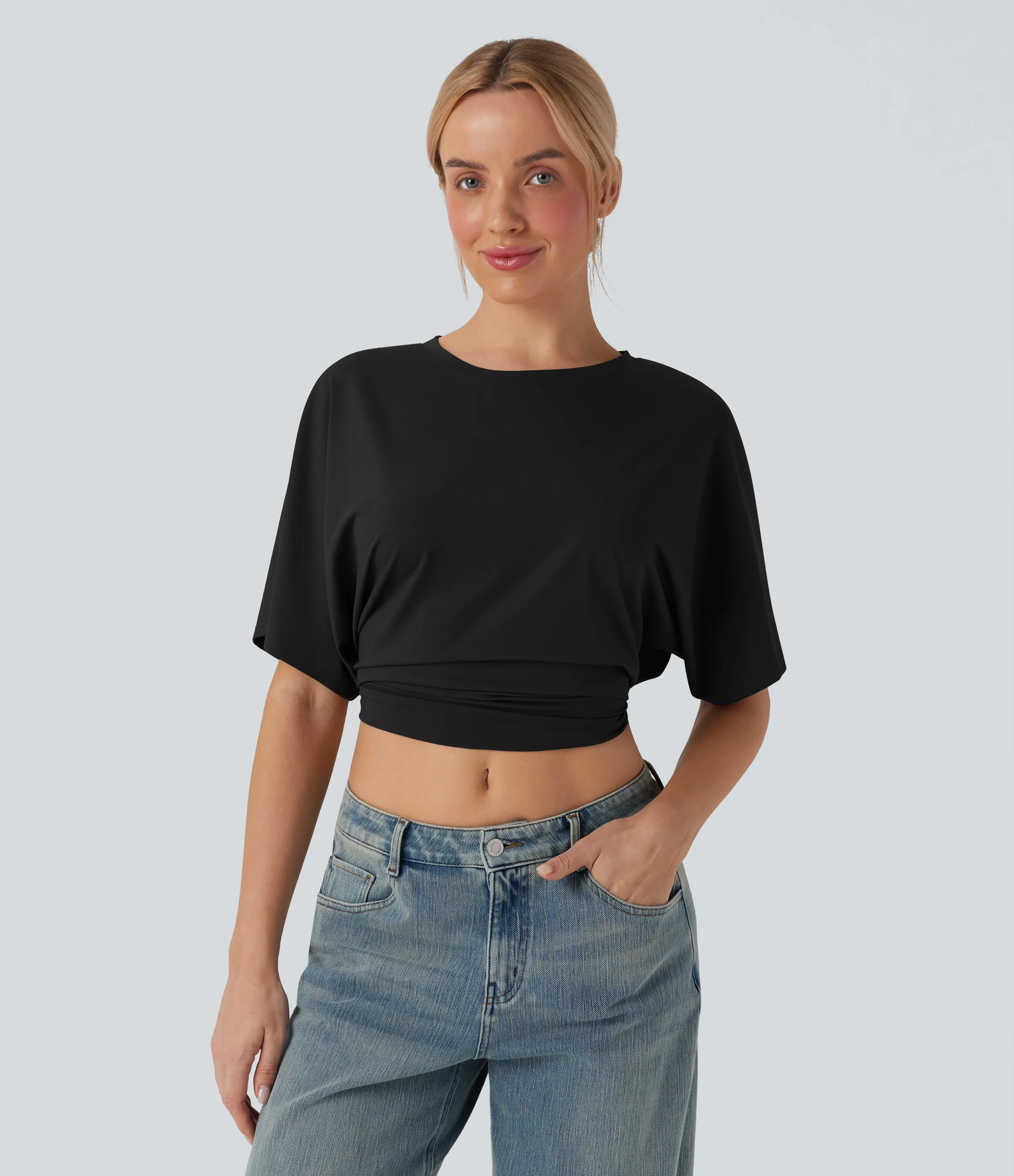 Halara Top casual de manga corta con cuello redondo y abertura con lazo en la espalda - Black - L sold by Halara product image thumbnail 3