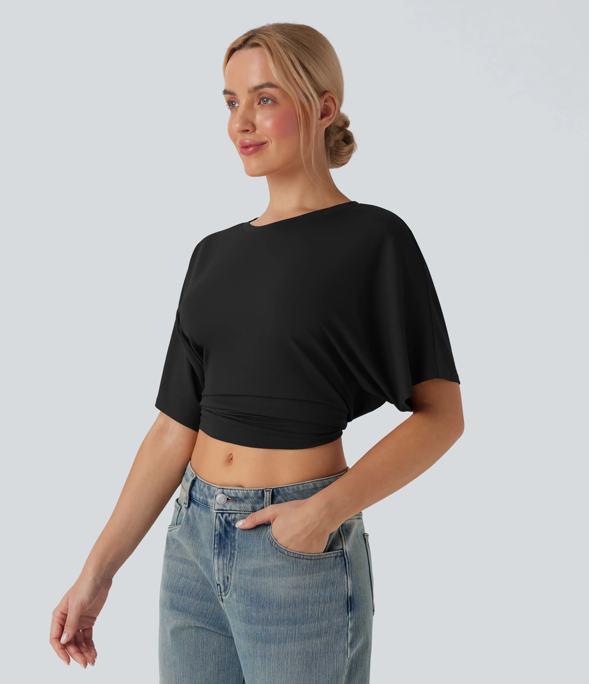 Halara Top casual de manga corta con cuello redondo y abertura con lazo en la espalda - Black - L sold by Halara product image thumbnail 4