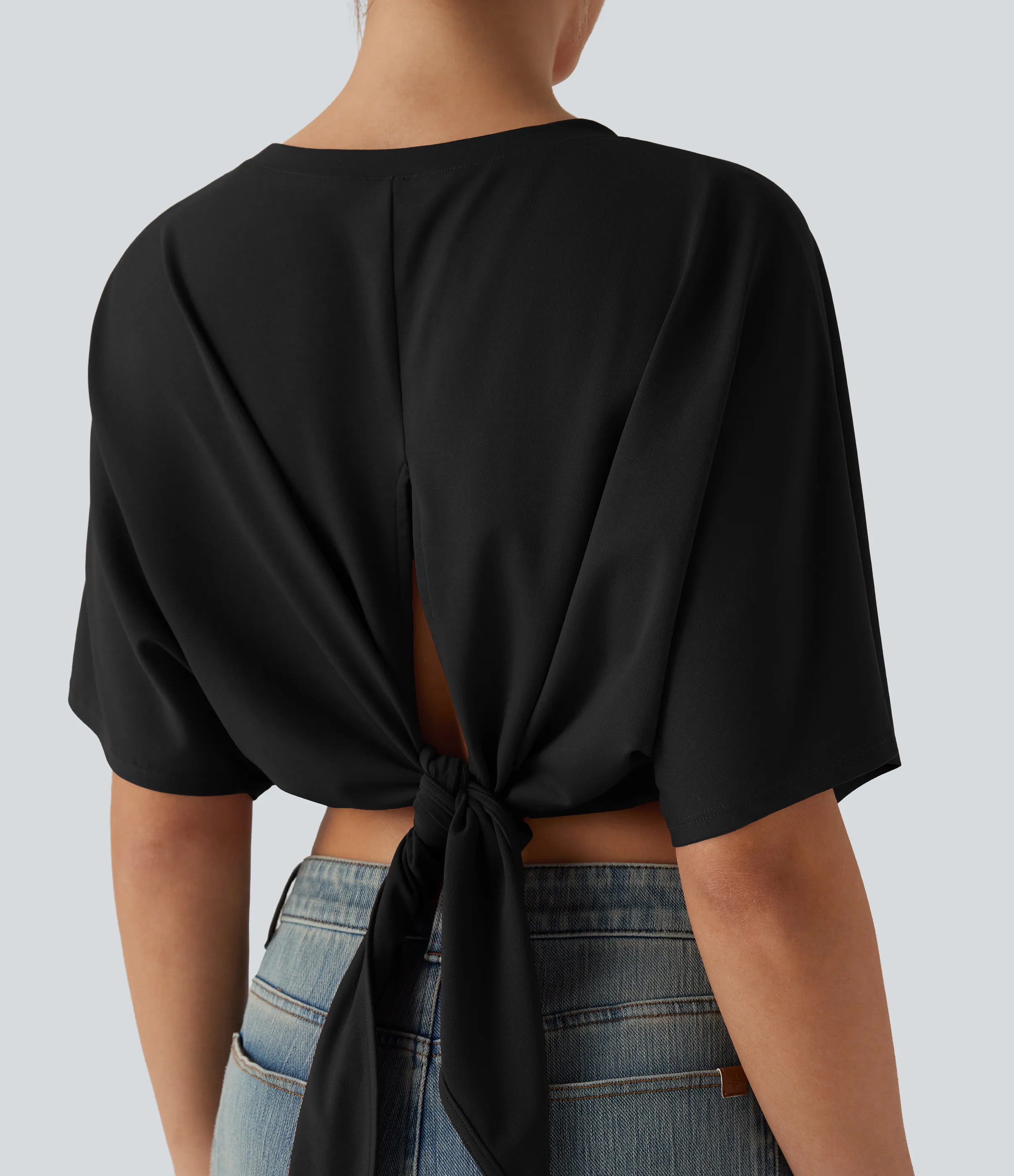 Halara Top casual de manga corta con cuello redondo y abertura con lazo en la espalda - Black - L sold by Halara product image thumbnail 5