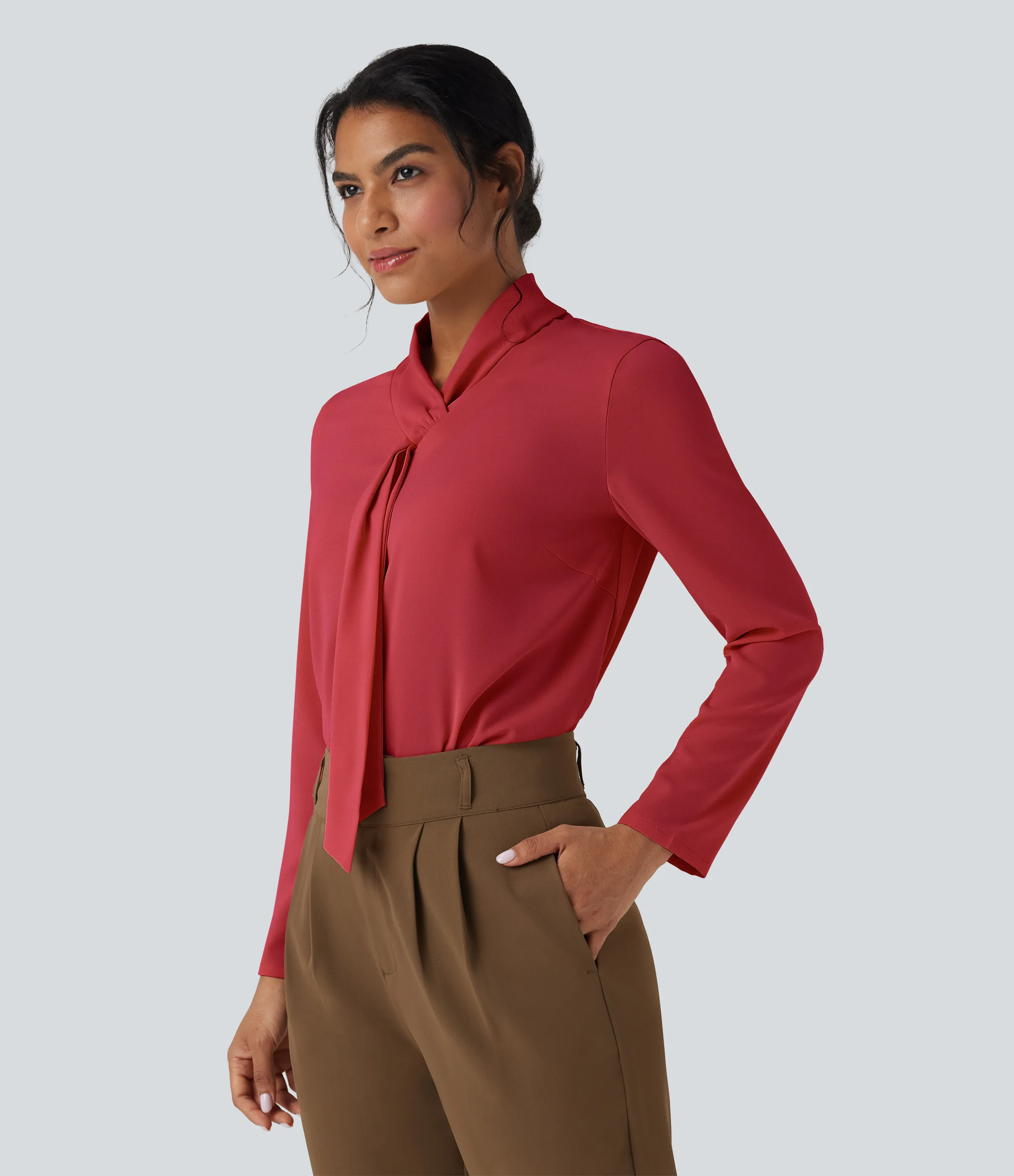 Halara Camisa de oficina de manga larga con cuello de bufanda antiarrugas - Rhythmic Red - XS sold by Halara product image thumbnail 4