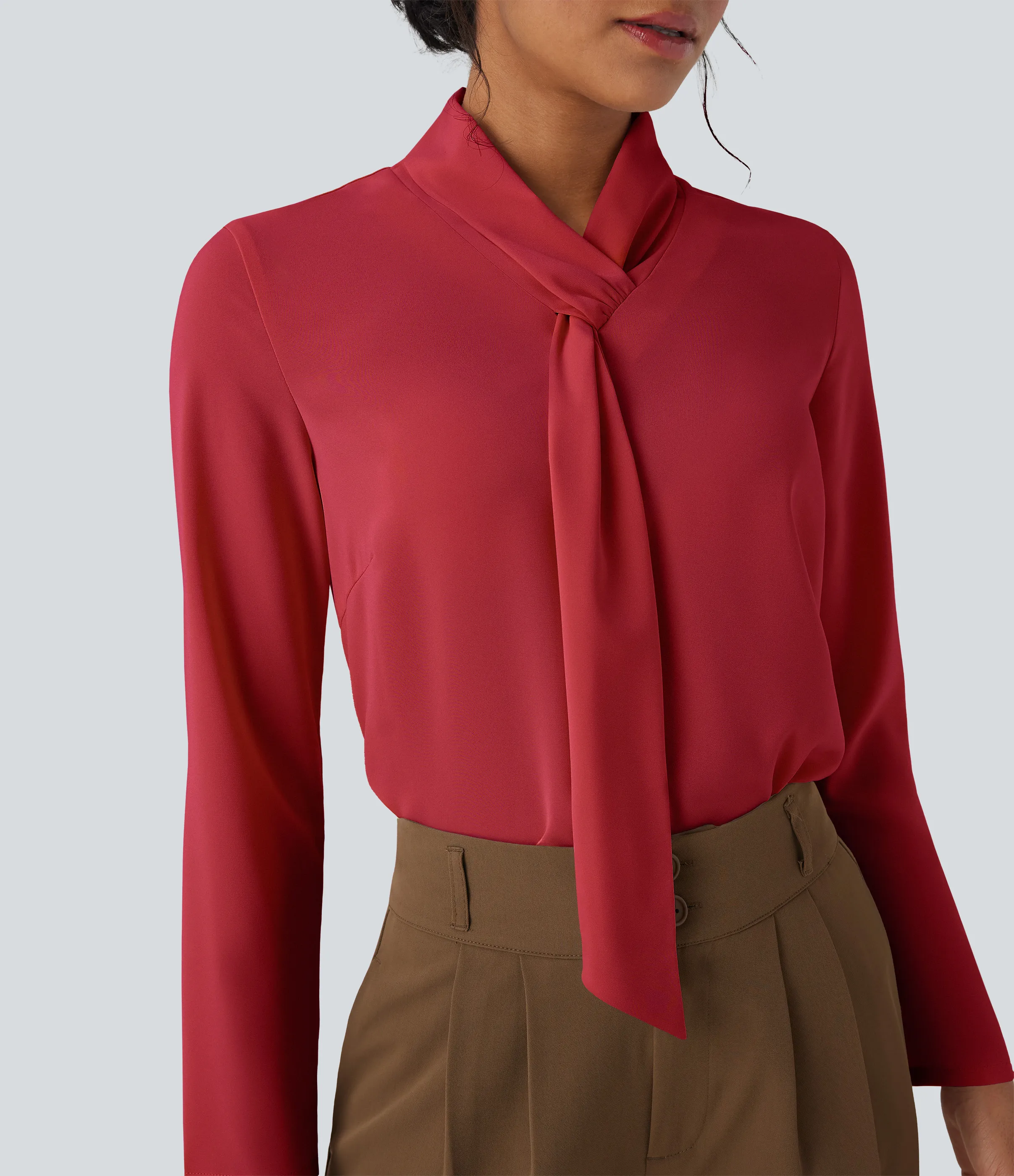 Halara Camisa de oficina de manga larga con cuello de bufanda antiarrugas - Rhythmic Red - XS sold by Halara product image thumbnail 5