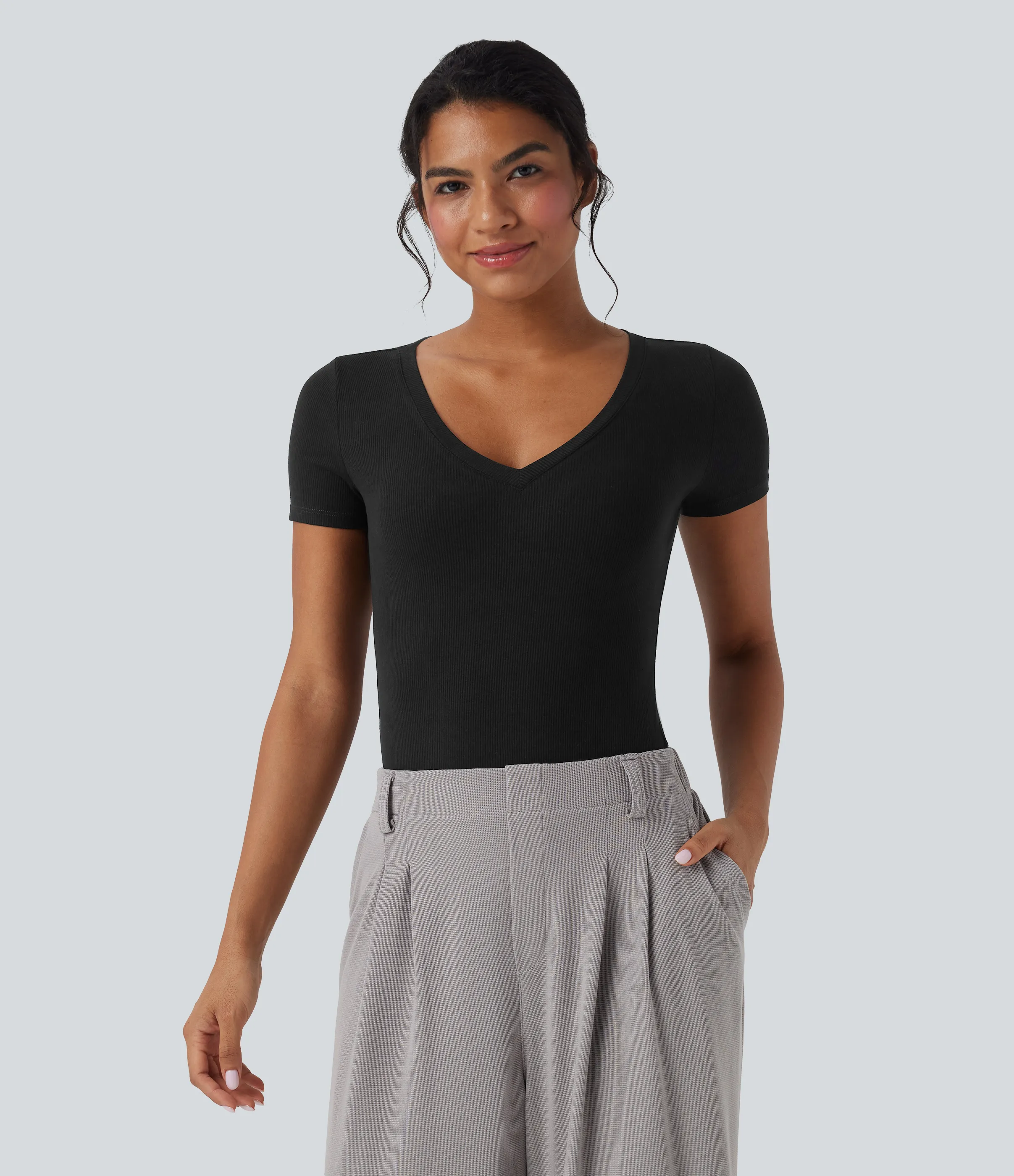 Halara Body de oficina de manga corta con cuello en V y punto acanalado - Black - L sold by Halara product image thumbnail 4