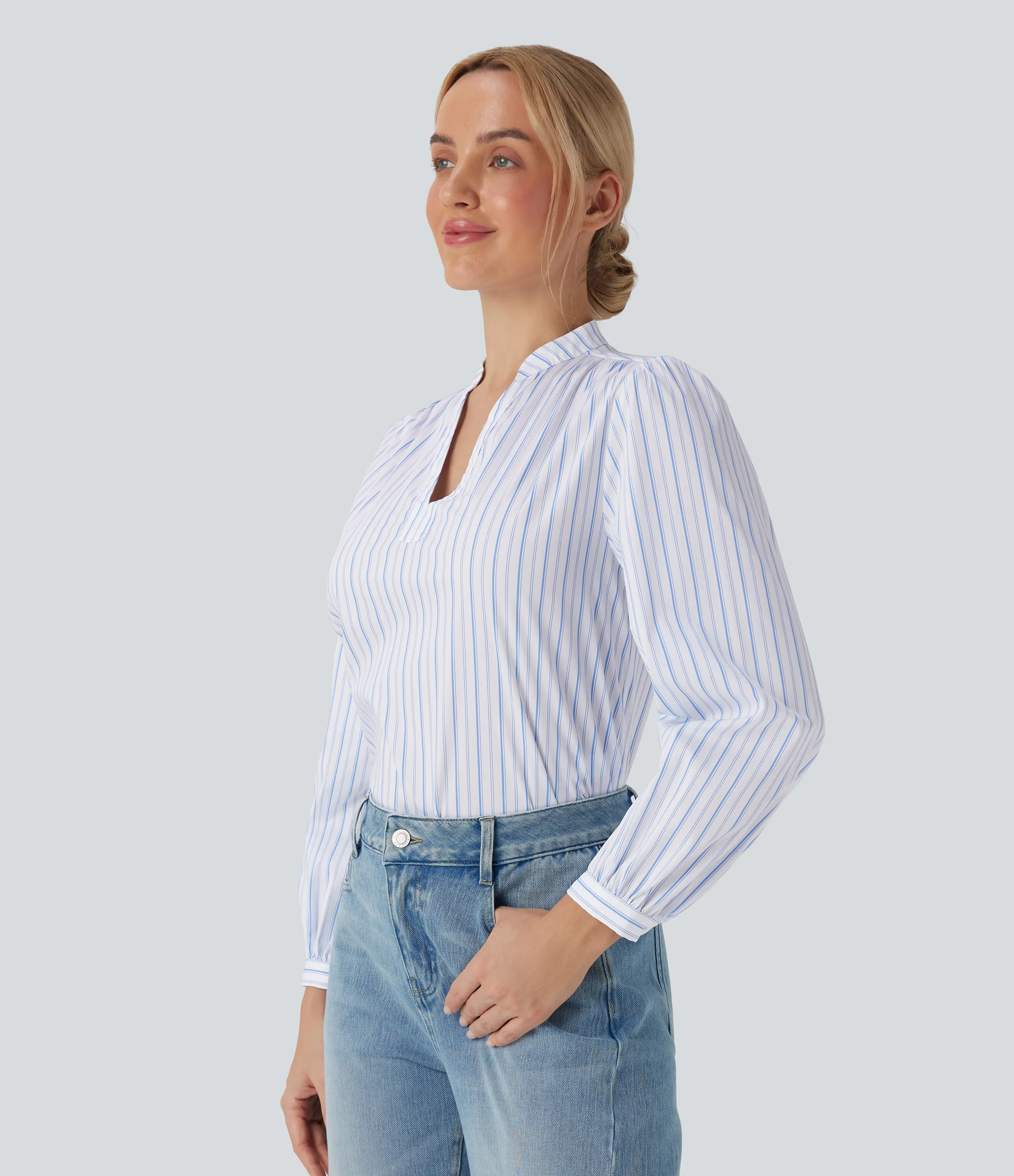 Halara Blusa casual con cuello en V con estampado a rayas y corte asimétrico - Seven Seas - Nautical Blue & White Stripes - XL sold by Halara product image thumbnail 4