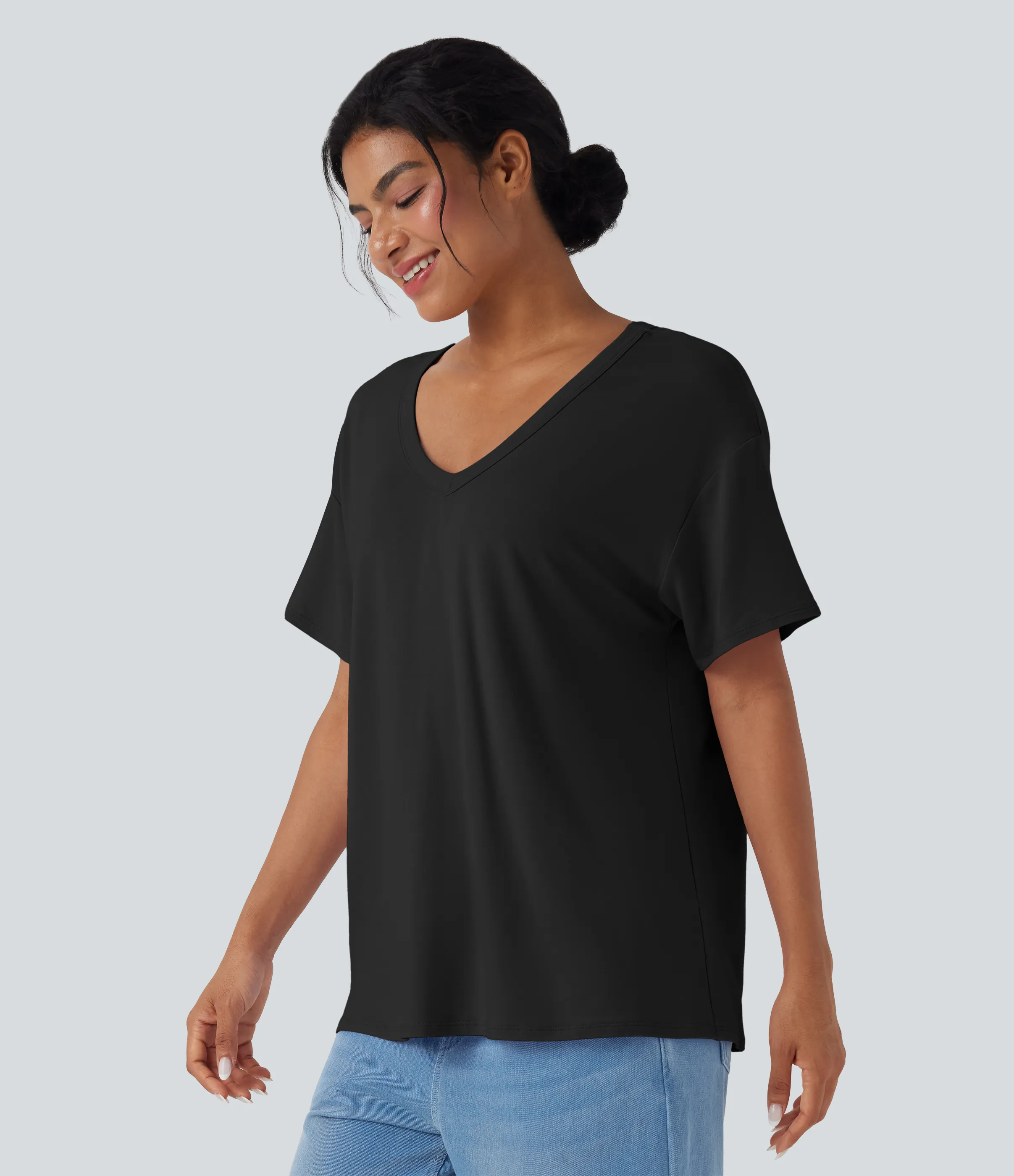 Halara Top casual holgado de manga corta con escote en V profundo - Black - M sold by Halara product image thumbnail 4