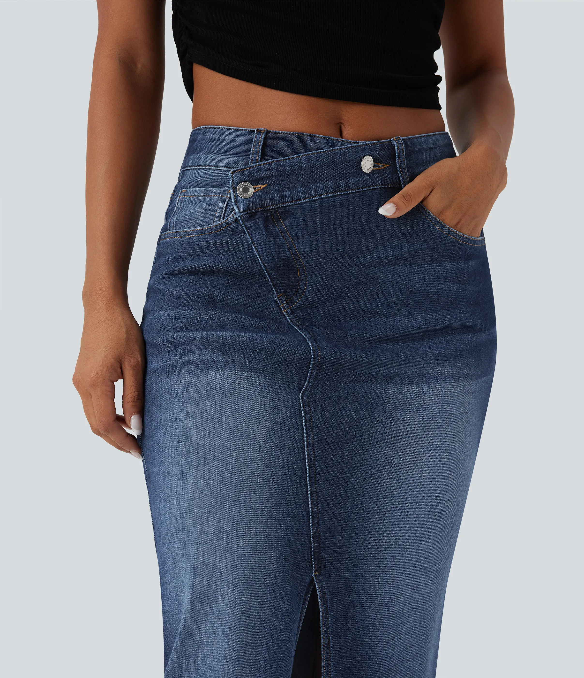 Halara Falda vaquera casual Halara Flex™ ajustada y asimétrica de tiro medio con abertura y bolsillos - Estate Blue Denim - S(regular) sold by Halara product image thumbnail 5