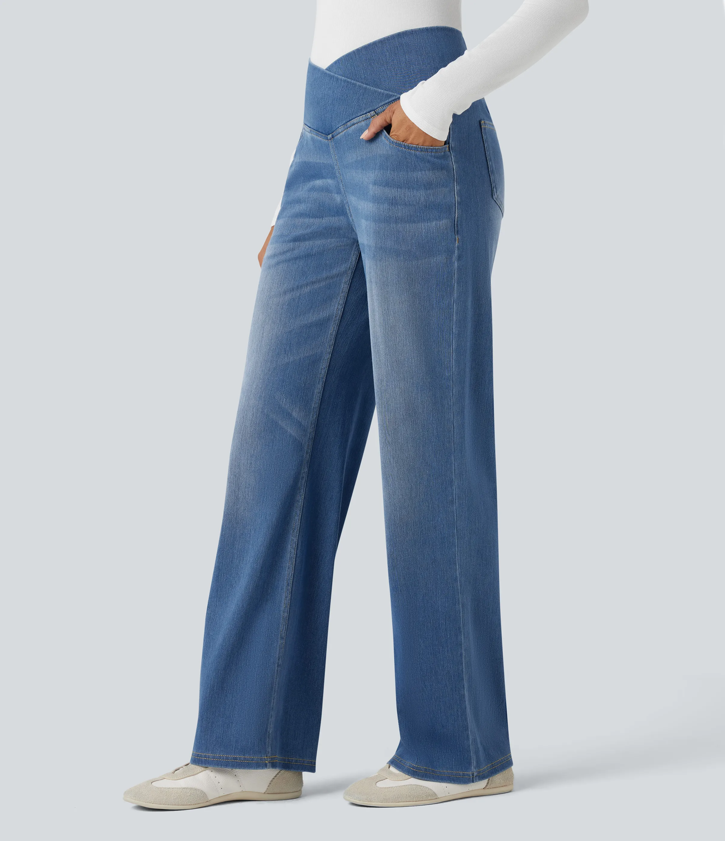 Halara Jeans casuales rectos con control de abdomen de tiro alto cruzado y bolsillos, estilo Halara Flex™ SoCinched - Blue Jasper Denim - M(regular) sold by Halara product image thumbnail 4