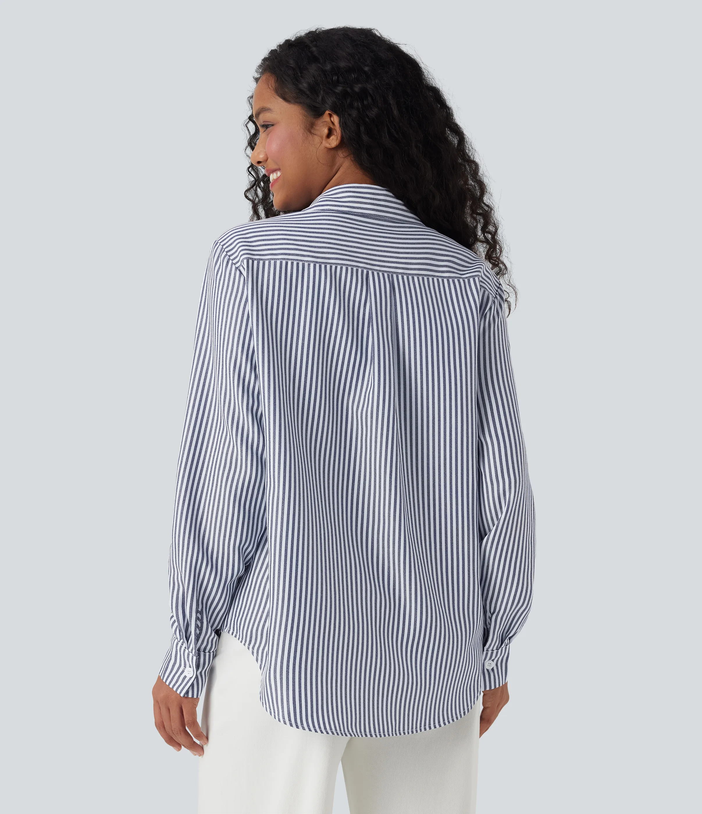 Halara Camisa casual de manga larga a rayas con dobladillo curvo - Seven Seas - Nautical Blue & White Stripes - S sold by Halara product image thumbnail 3