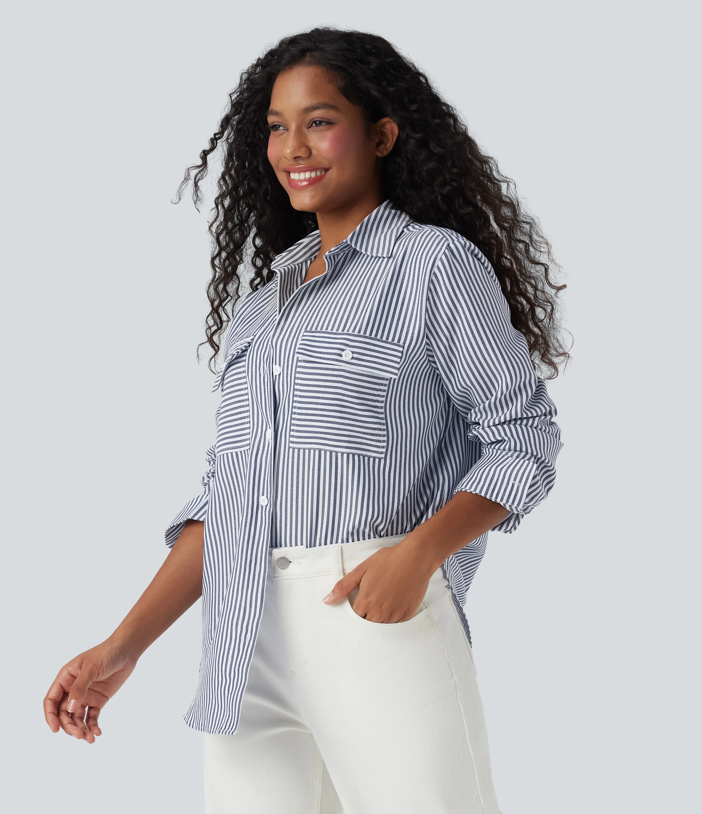 Halara Camisa casual de manga larga a rayas con dobladillo curvo - Seven Seas - Nautical Blue & White Stripes - S sold by Halara product image thumbnail 4