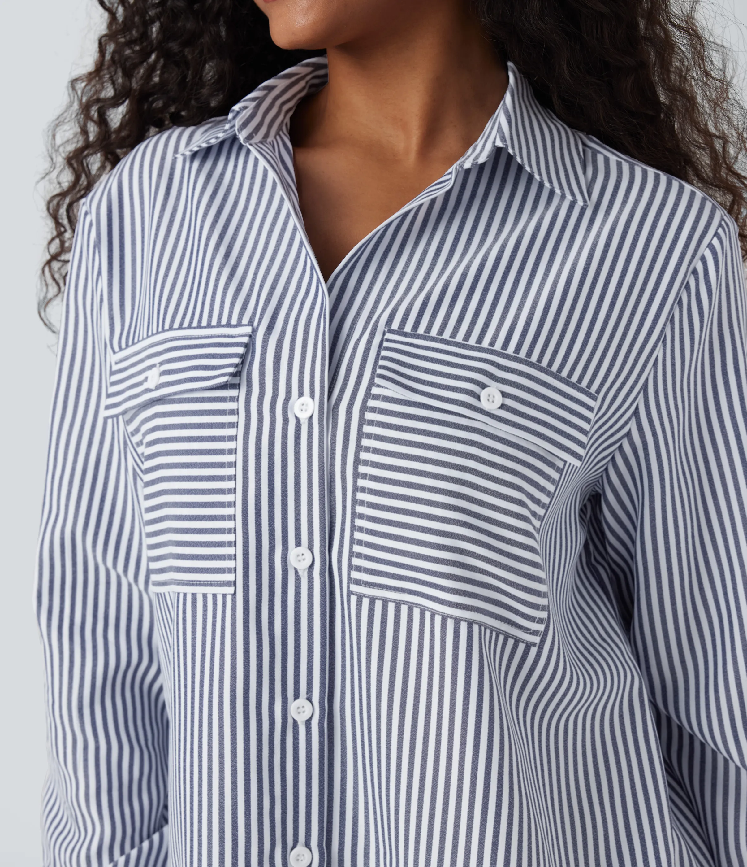 Halara Camisa casual de manga larga a rayas con dobladillo curvo - Seven Seas - Nautical Blue & White Stripes - S sold by Halara product image thumbnail 5