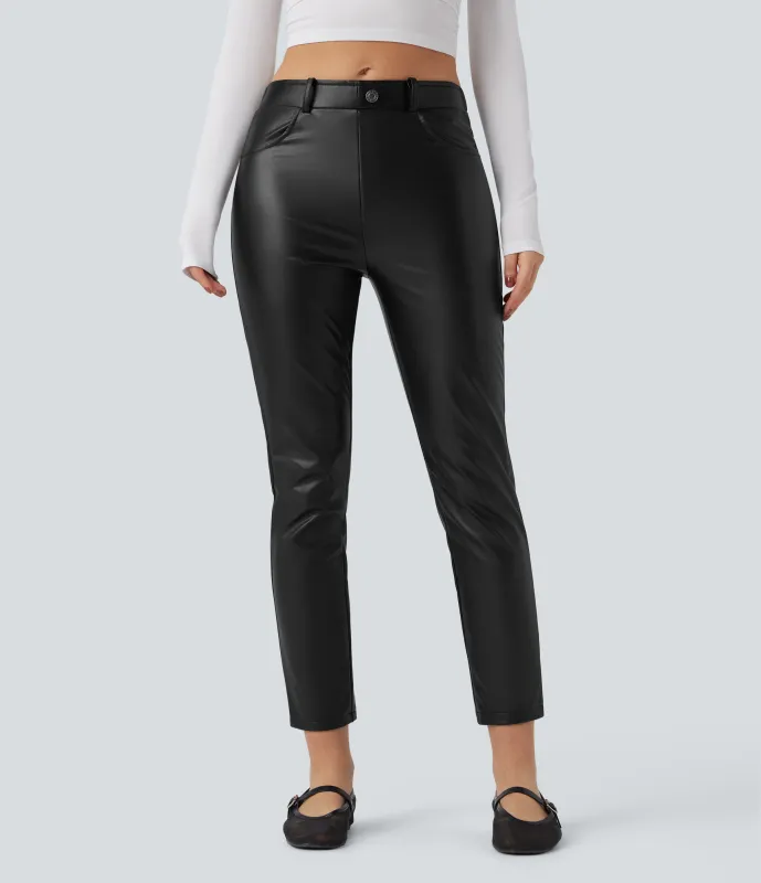 Halara Pantalones casuales ajustados de tiro medio elásticos de PU con polar en largo 7/8 y con bolsillos - Black - M(regular) made by Halara
