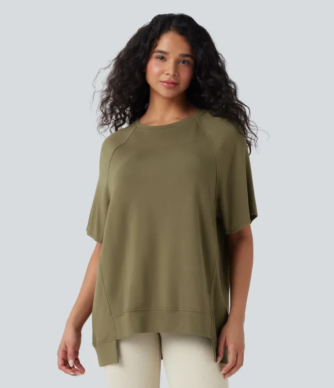 Halara Top casual de cuello redondo de manga corta asimétrico - Dried Herb - XS sold by Halara