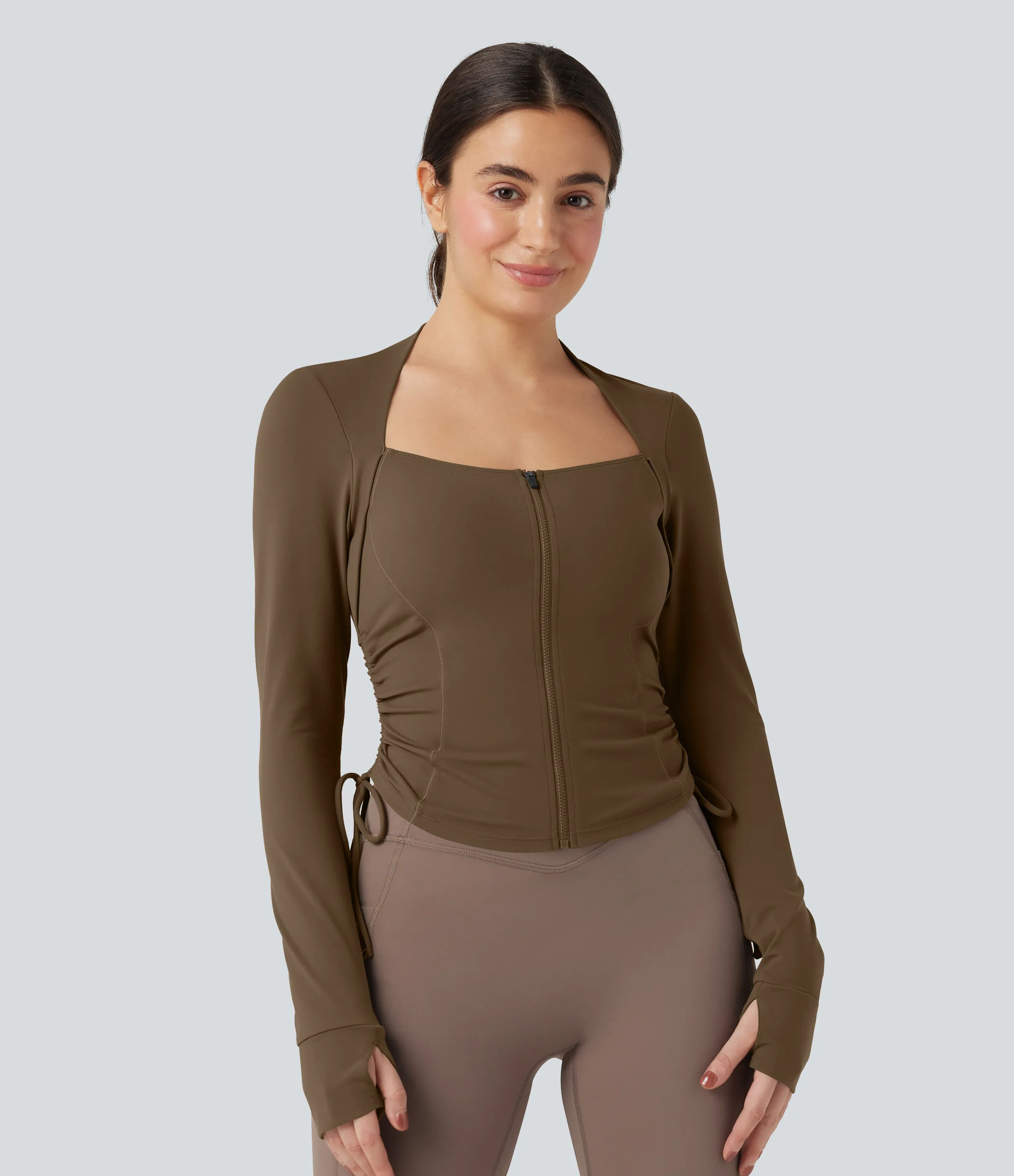 Halara Chamarra de yoga SoftlyZero™ afelpada de manga larga con cordón y abertura para el pulgar - Chestnut Brown - L sold by Halara product image thumbnail 4