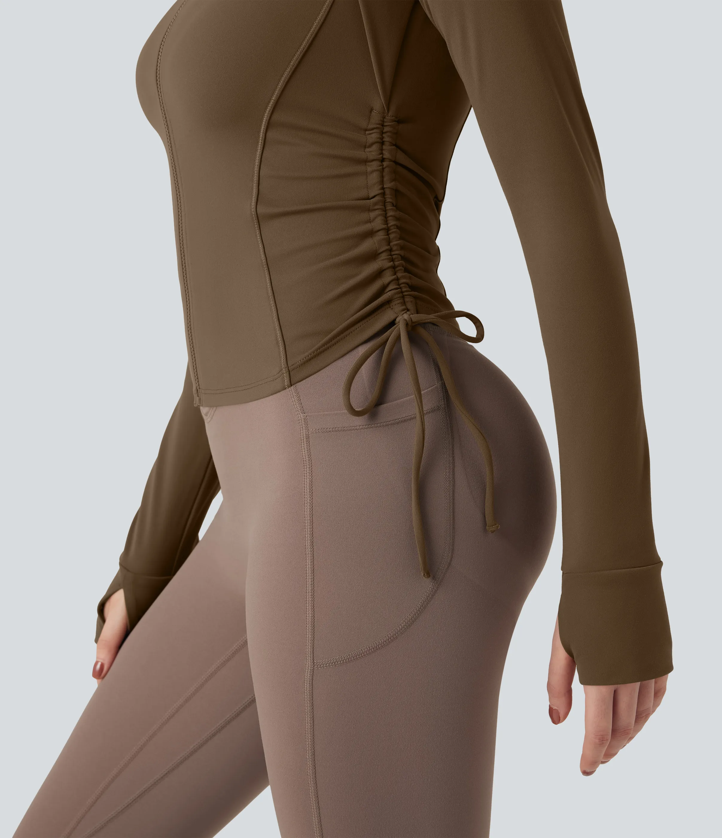 Halara Chamarra de yoga SoftlyZero™ afelpada de manga larga con cordón y abertura para el pulgar - Chestnut Brown - L sold by Halara product image thumbnail 5