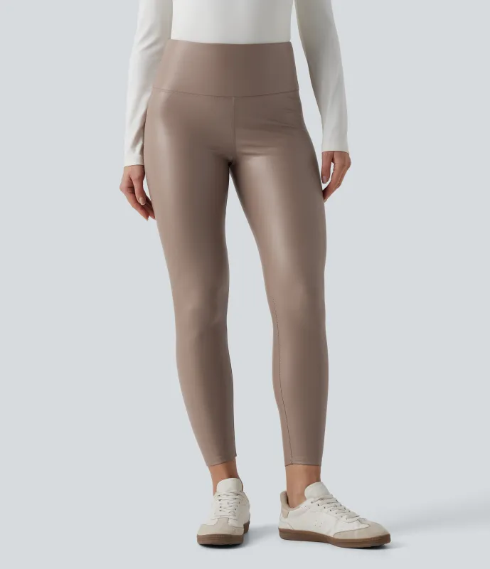 Halara Leggings casuales ajustados SoCinched de 7/8 de PU con control de abdomen, cintura alta y bolsillos - Sinopia Fresco - L(7/8) made by Halara