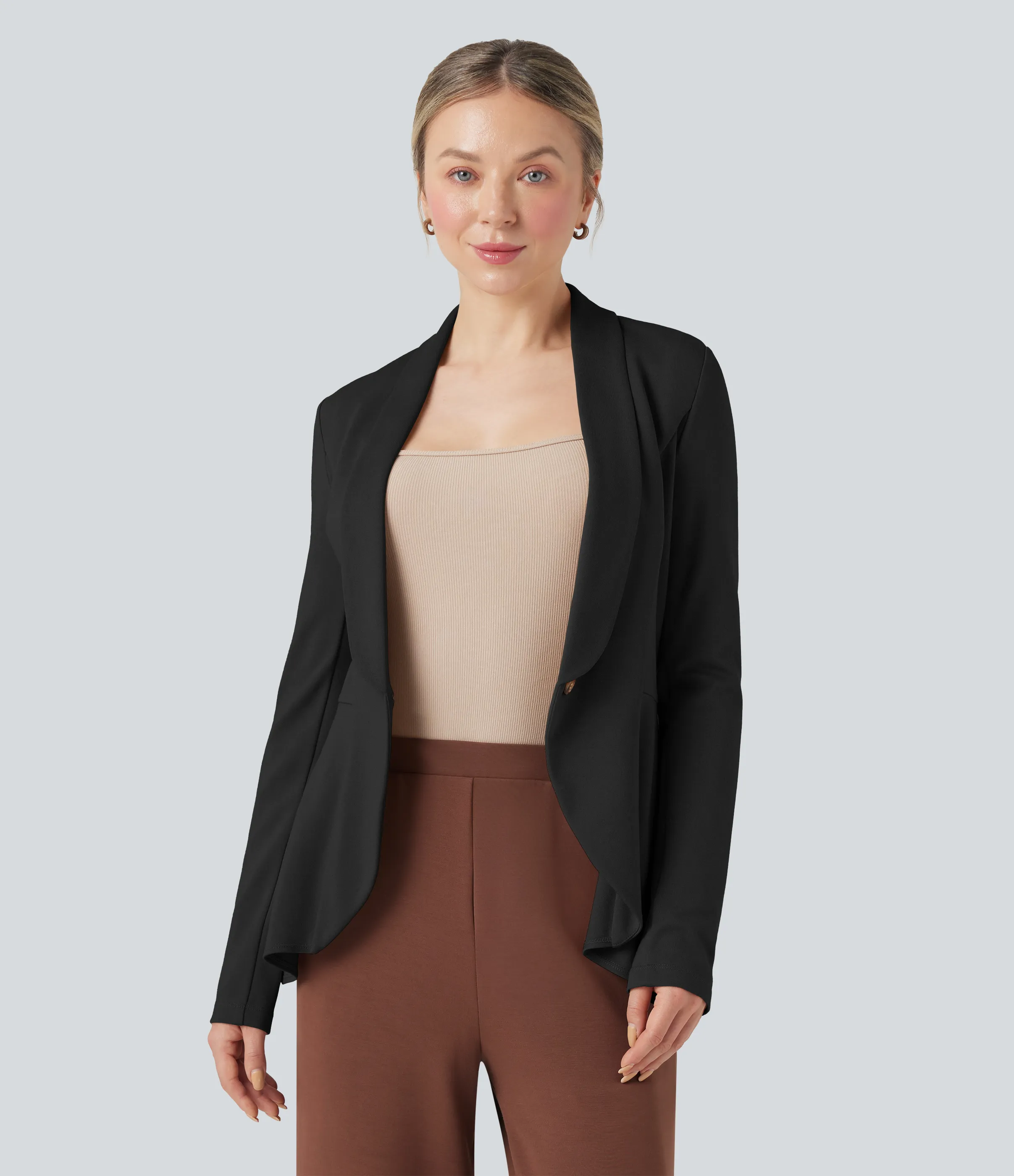 Halara Abrigo de oficina Halara Flex™ de manga larga con cuello chal y dobladillo con volantes - Black - L sold by Halara product image thumbnail 5