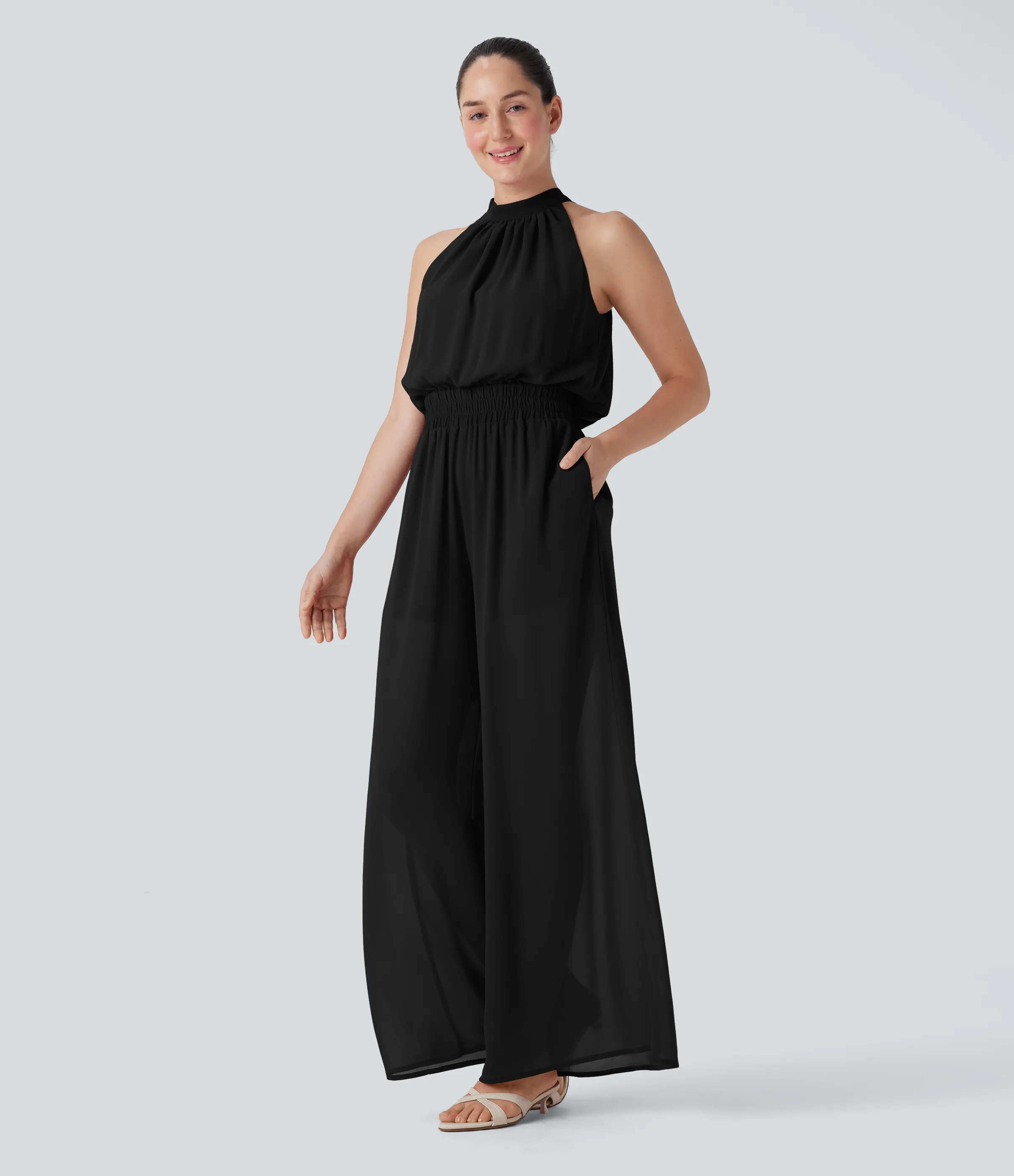 Halara Jumpsuit casual ancho 2 en 1 con lazo en la espalda y bolsillos - Edición Easy Peezy - Black - XS(regular) sold by Halara product image thumbnail 4