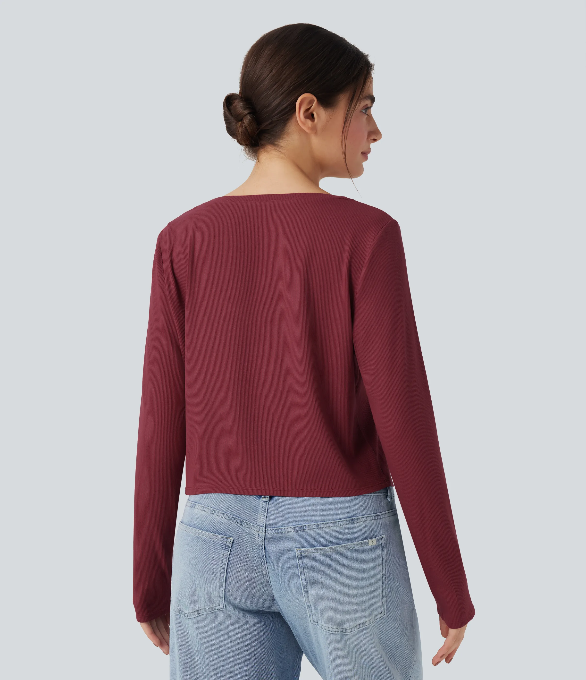 Halara Top casual de manga larga con cuello henley y punto acanalado - Ruby Wine - S sold by Halara product image thumbnail 3