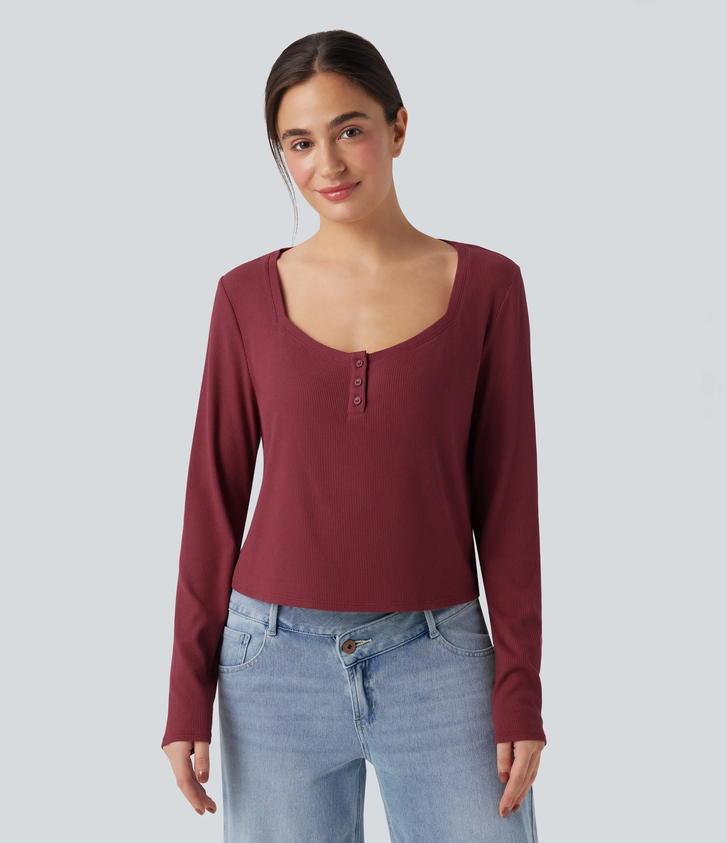 Halara Top casual de manga larga con cuello henley y punto acanalado - Ruby Wine - S sold by Halara product image thumbnail 4