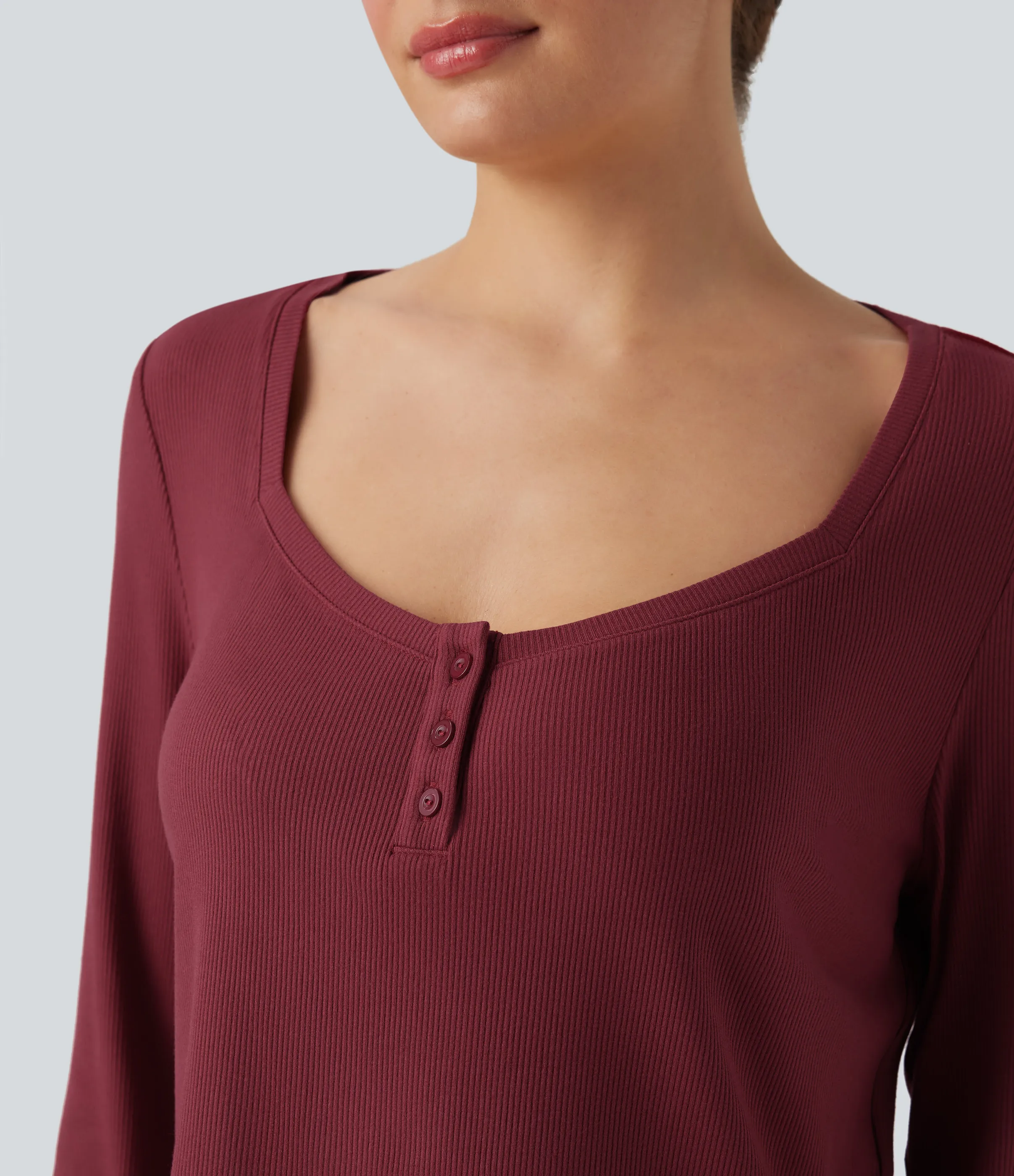 Halara Top casual de manga larga con cuello henley y punto acanalado - Ruby Wine - S sold by Halara product image thumbnail 5