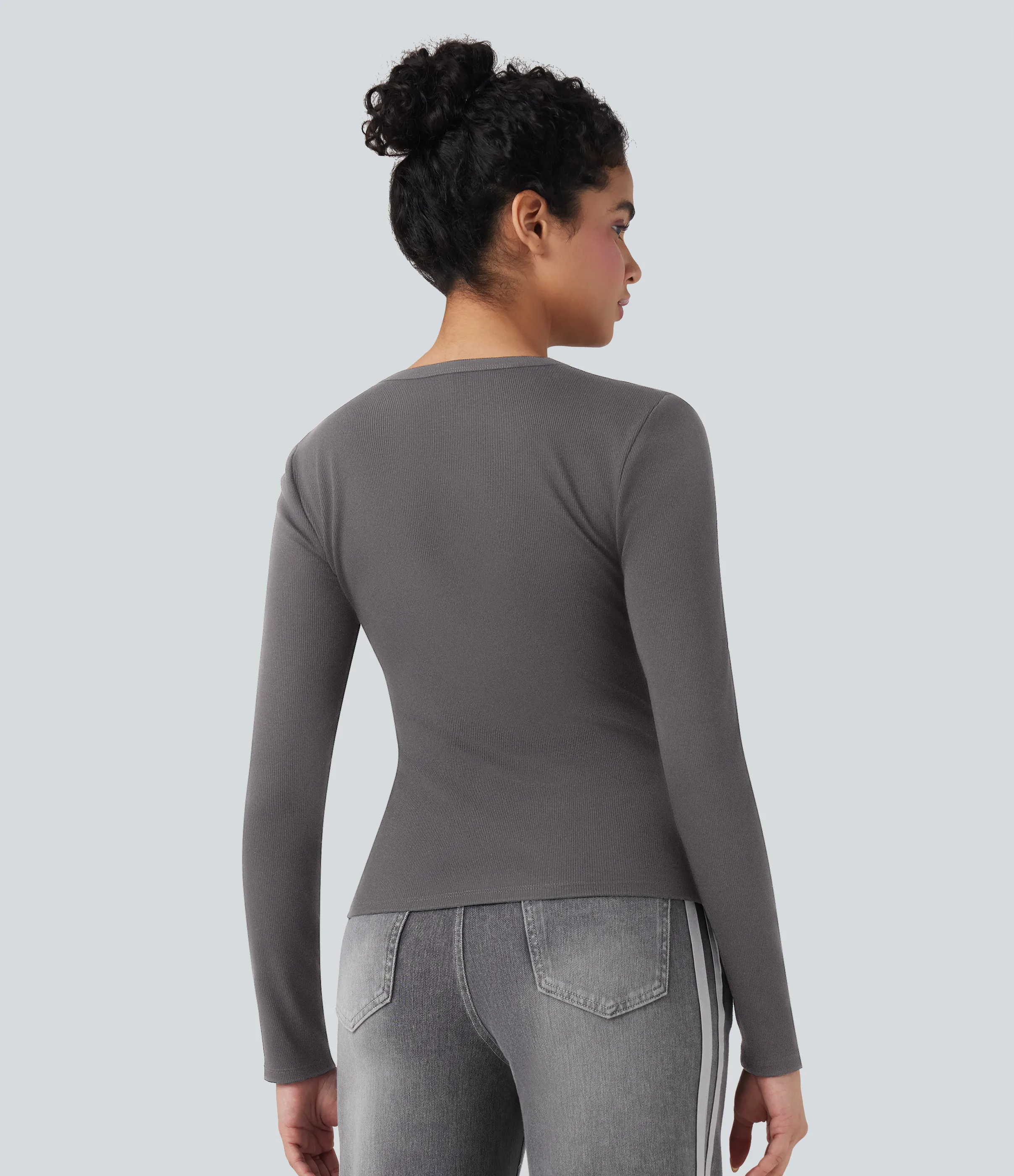 Halara Top casual de manga larga con cuello redondo y punto acanalado - Volcanic Glass - XL sold by Halara product image thumbnail 3