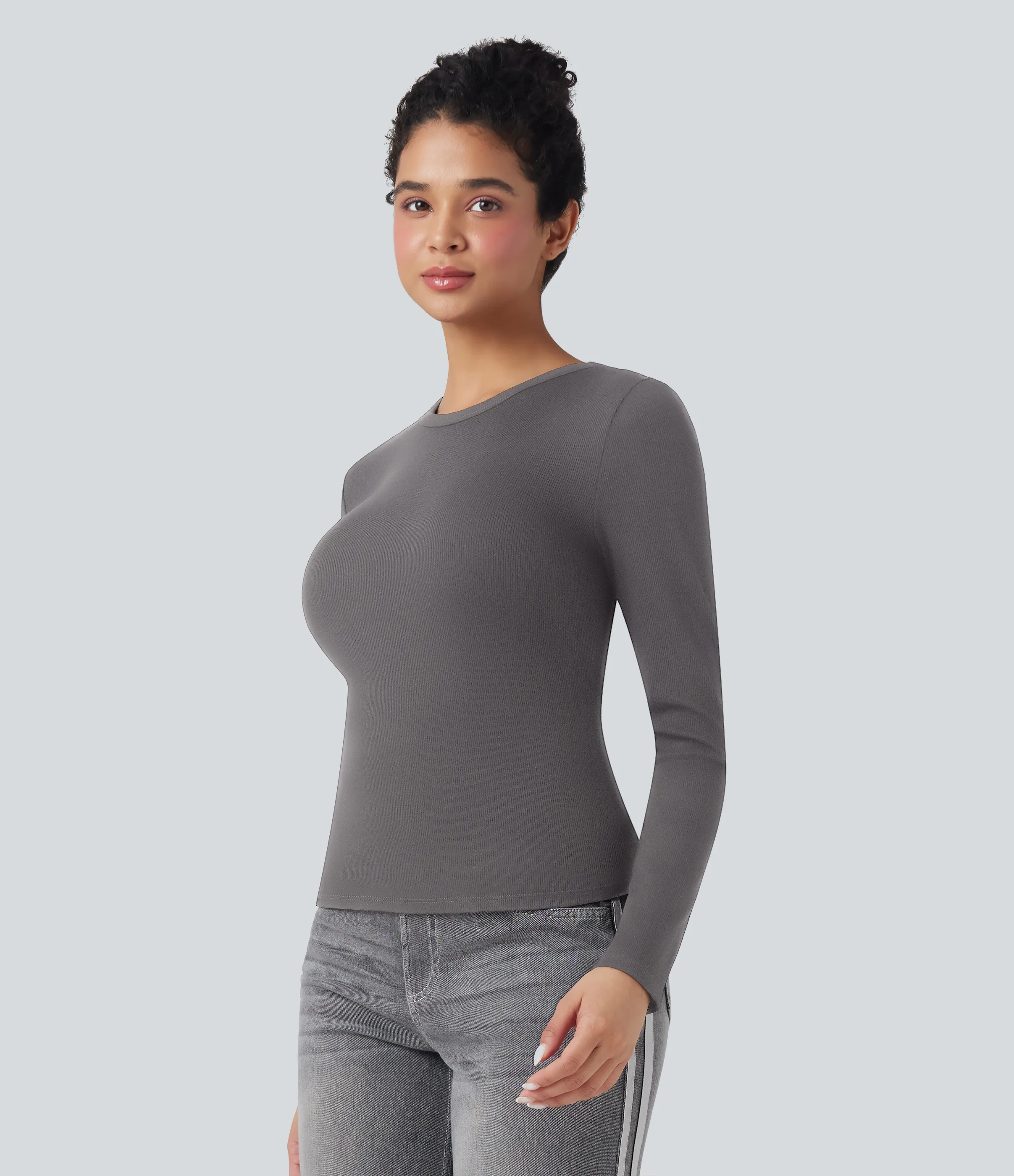 Halara Top casual de manga larga con cuello redondo y punto acanalado - Volcanic Glass - XL sold by Halara product image thumbnail 4