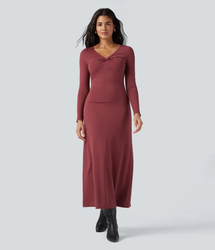 Halara Vestido maxi casual de manga larga con cuello en V - Burnt Russet - M made by Halara