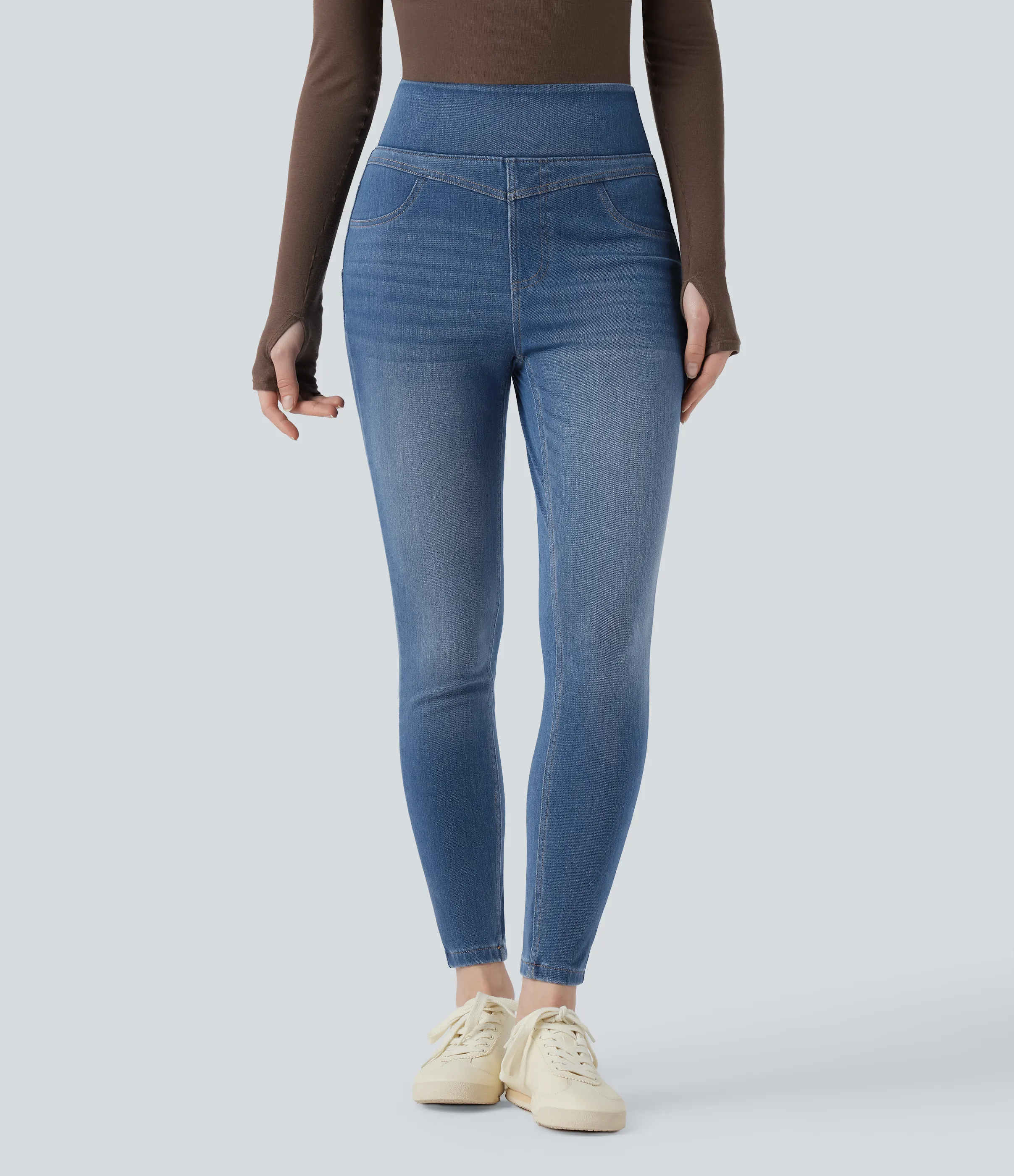 Halara Leggings casuales ajustados de mezclilla Halara Flex™ de tiro alto con control de abdomen y bolsillos de 7/8 - Tide Blue Denim - S(regular) sold by Halara product image thumbnail 4
