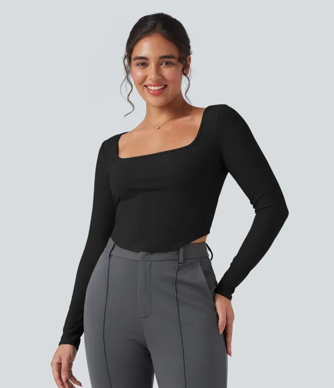 Halara Camiseta de oficina de punto acanalado con cuello cuadrado de manga larga y dobladillo curvo - Black - XL sold by Halara