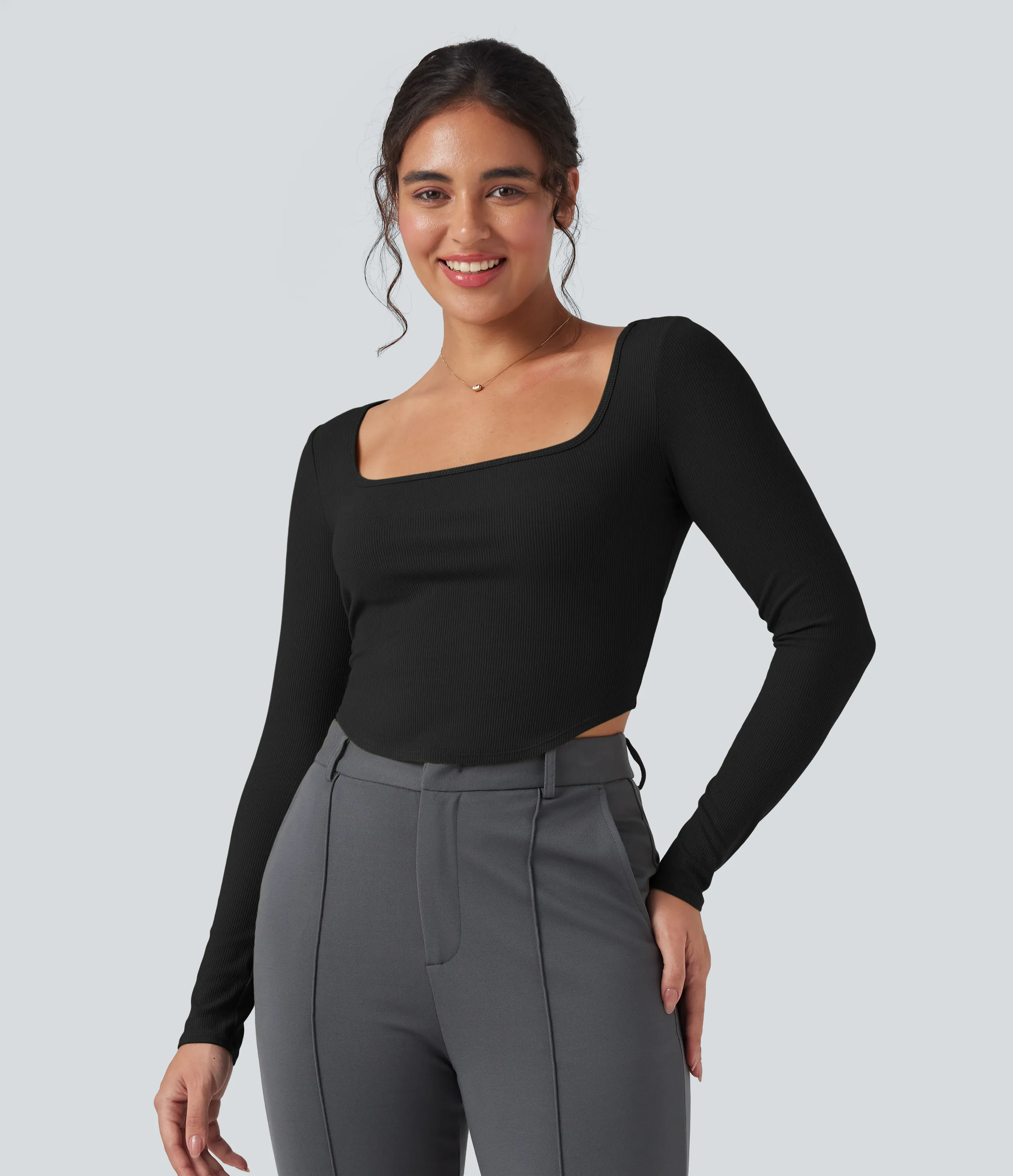 Halara Camiseta de oficina de punto acanalado con cuello cuadrado de manga larga y dobladillo curvo - Black - XL sold by Halara product image thumbnail 2