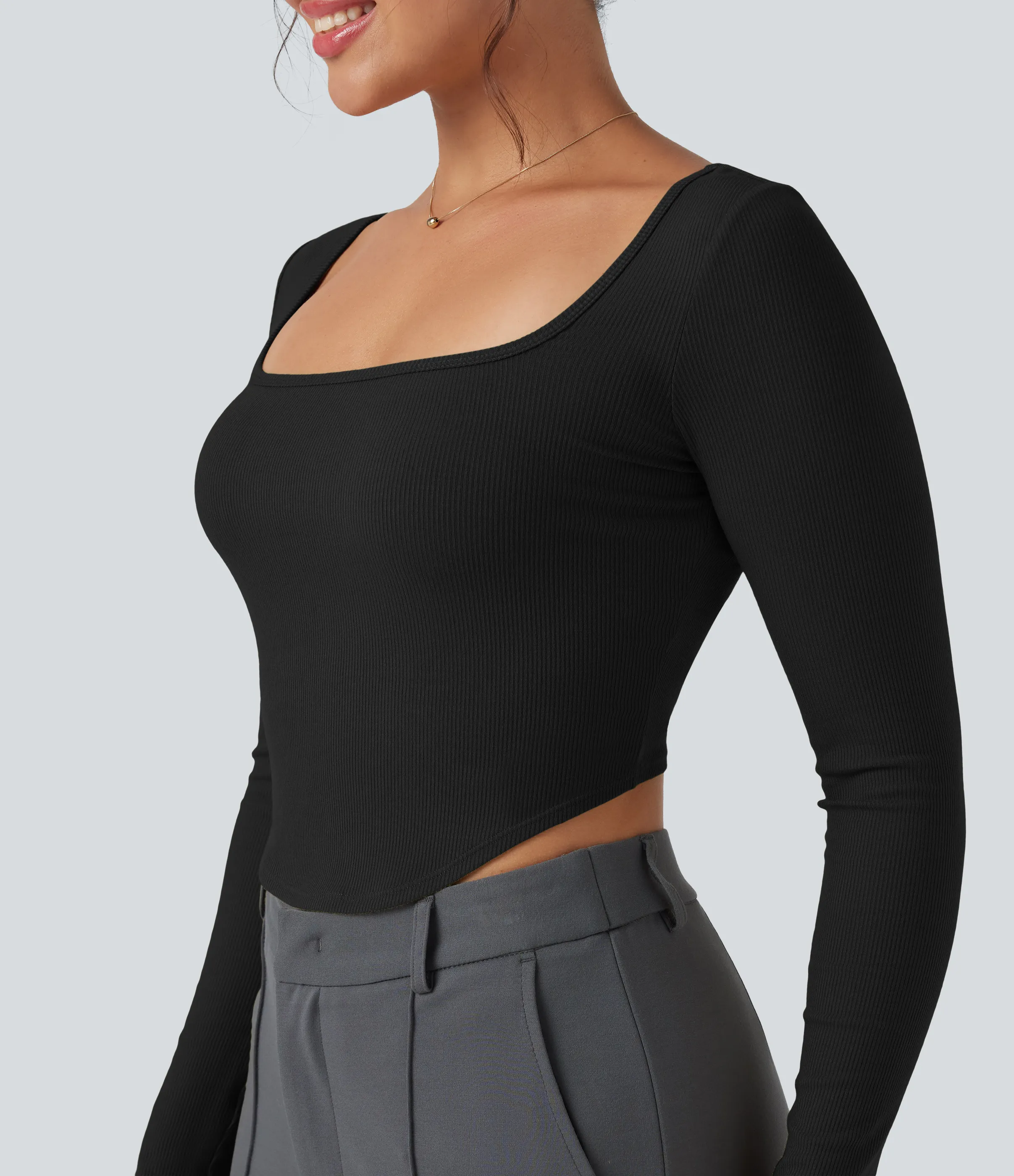 Halara Camiseta de oficina de punto acanalado con cuello cuadrado de manga larga y dobladillo curvo - Black - XL sold by Halara product image thumbnail 5