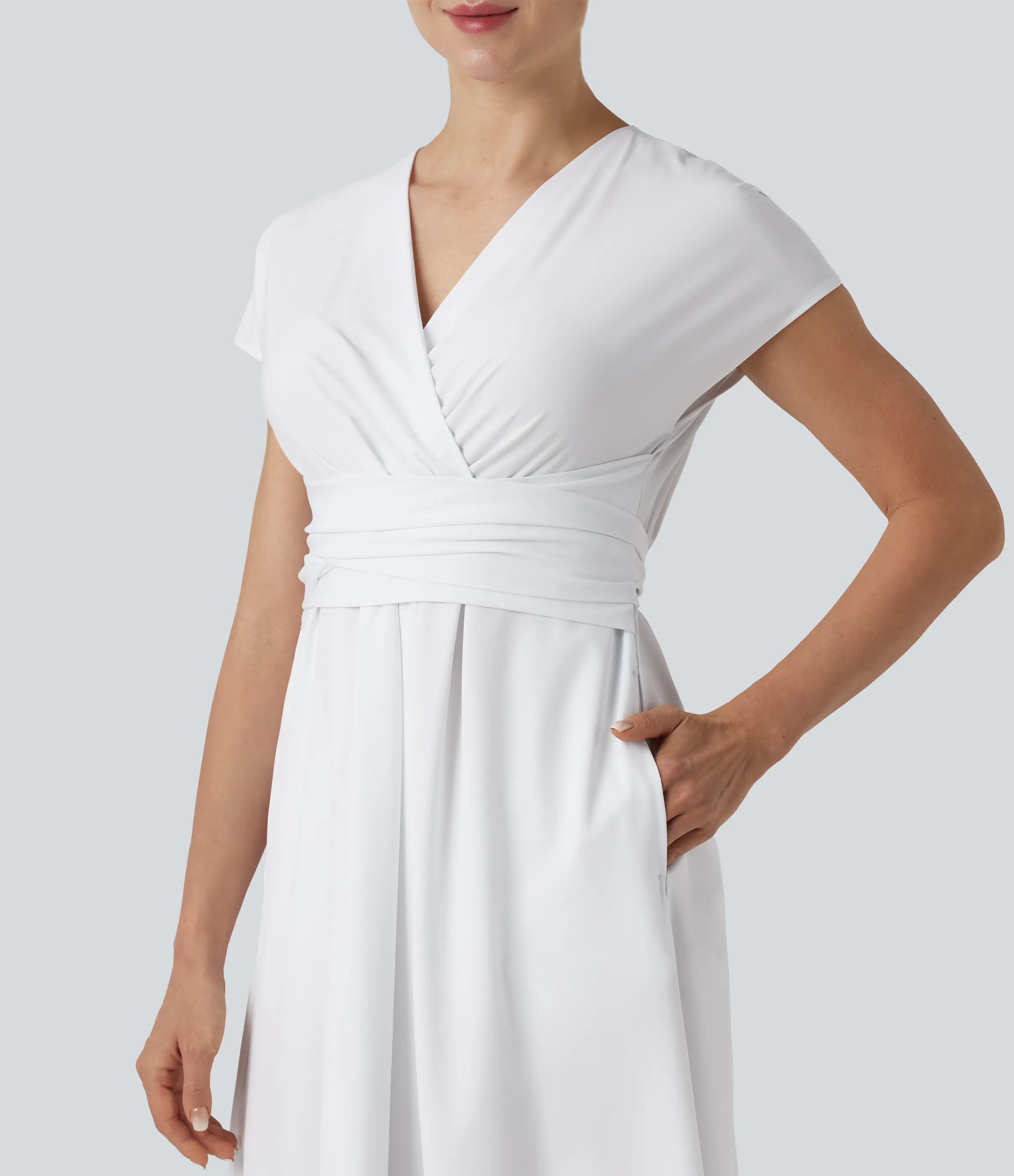 Halara Vestido casual midi Breezeful™ de secado rápido con cuello en V, manga corta, bolsillo lateral y lazo en la espalda - White - XS sold by Halara product image thumbnail 5