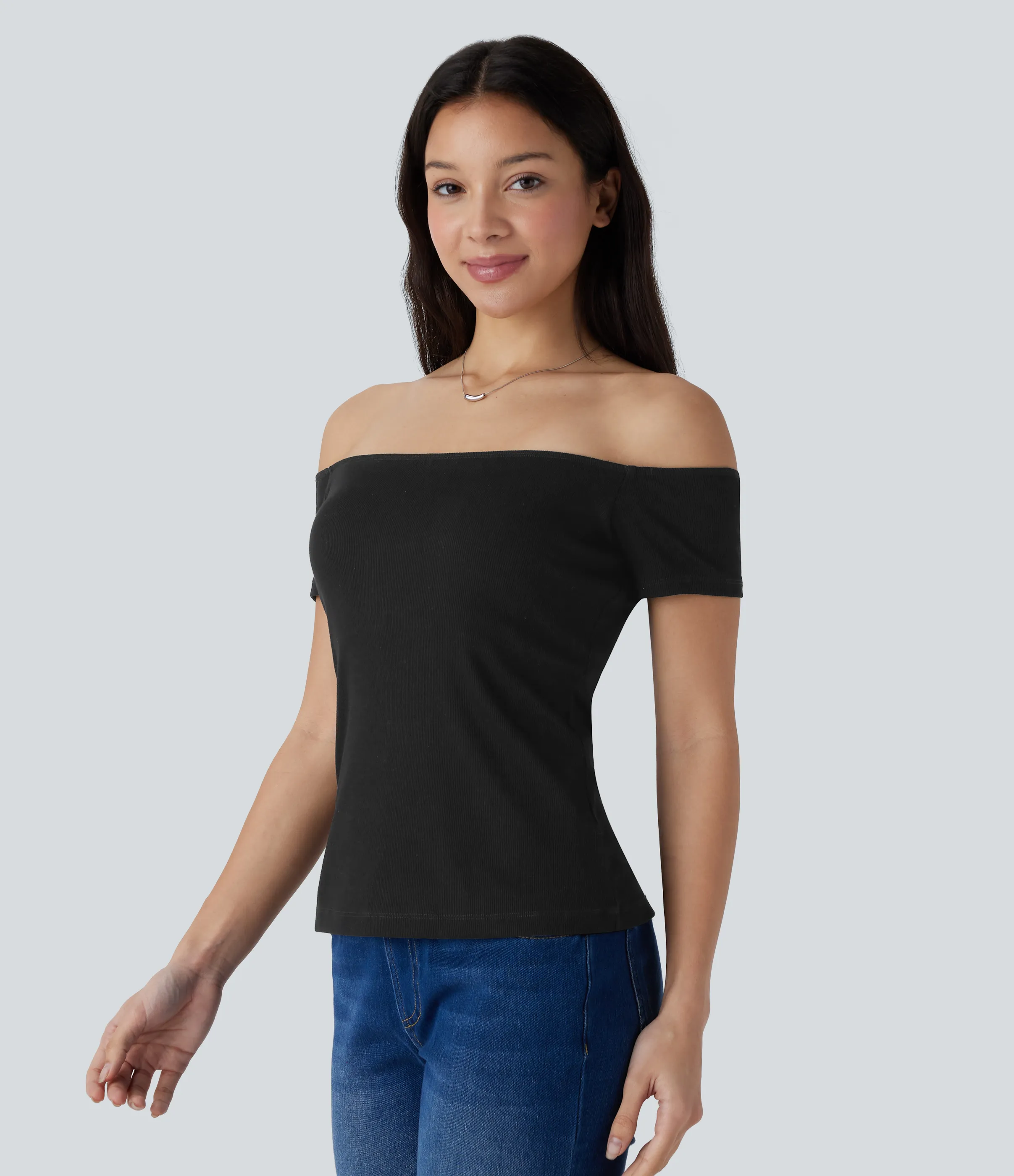 Halara Top informal 2 en 1 de punto acanalado con hombros descubiertos de manga corta y espalda descubierta - Black - M sold by Halara product image thumbnail 2