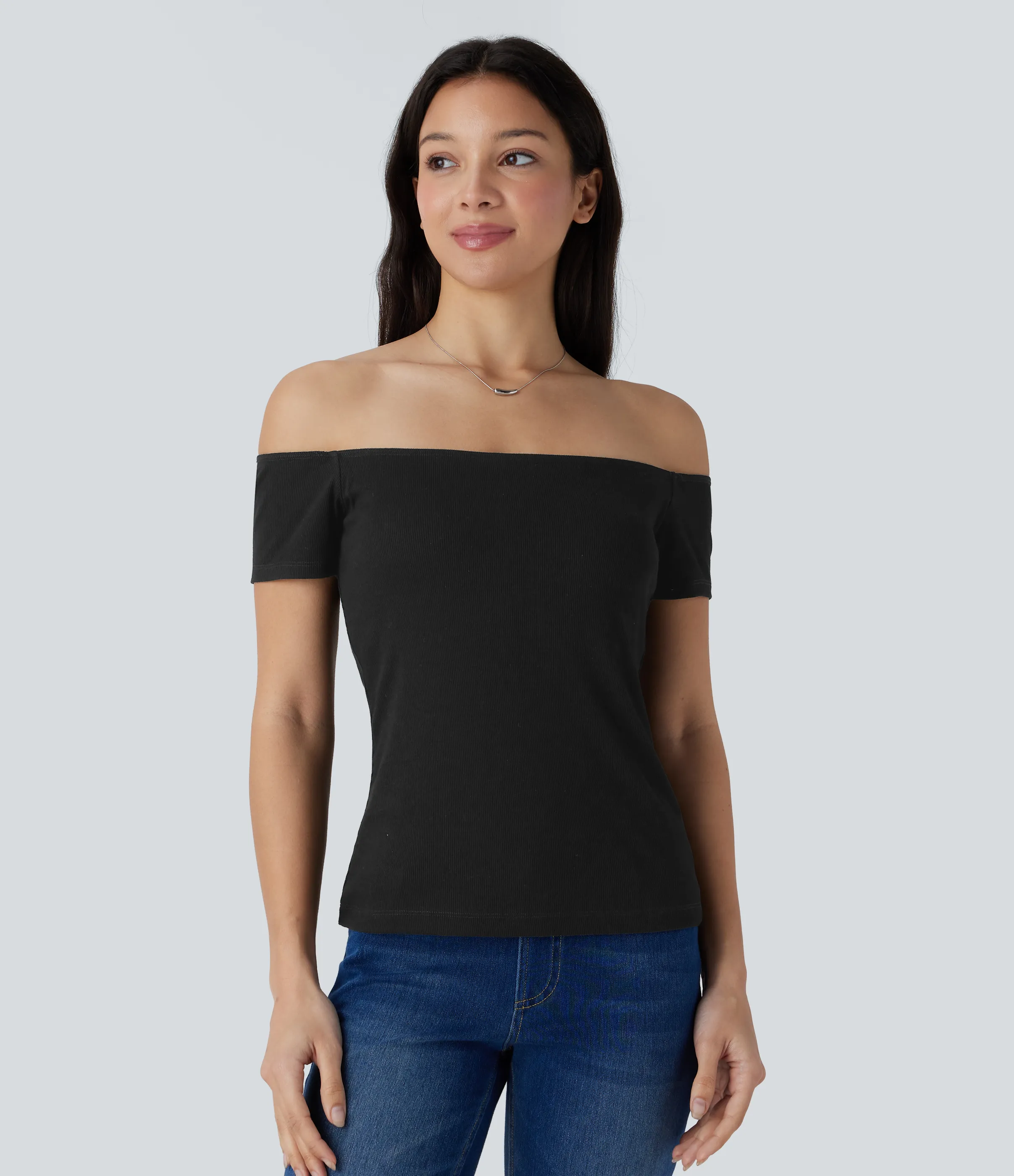 Halara Top informal 2 en 1 de punto acanalado con hombros descubiertos de manga corta y espalda descubierta - Black - M sold by Halara product image thumbnail 4