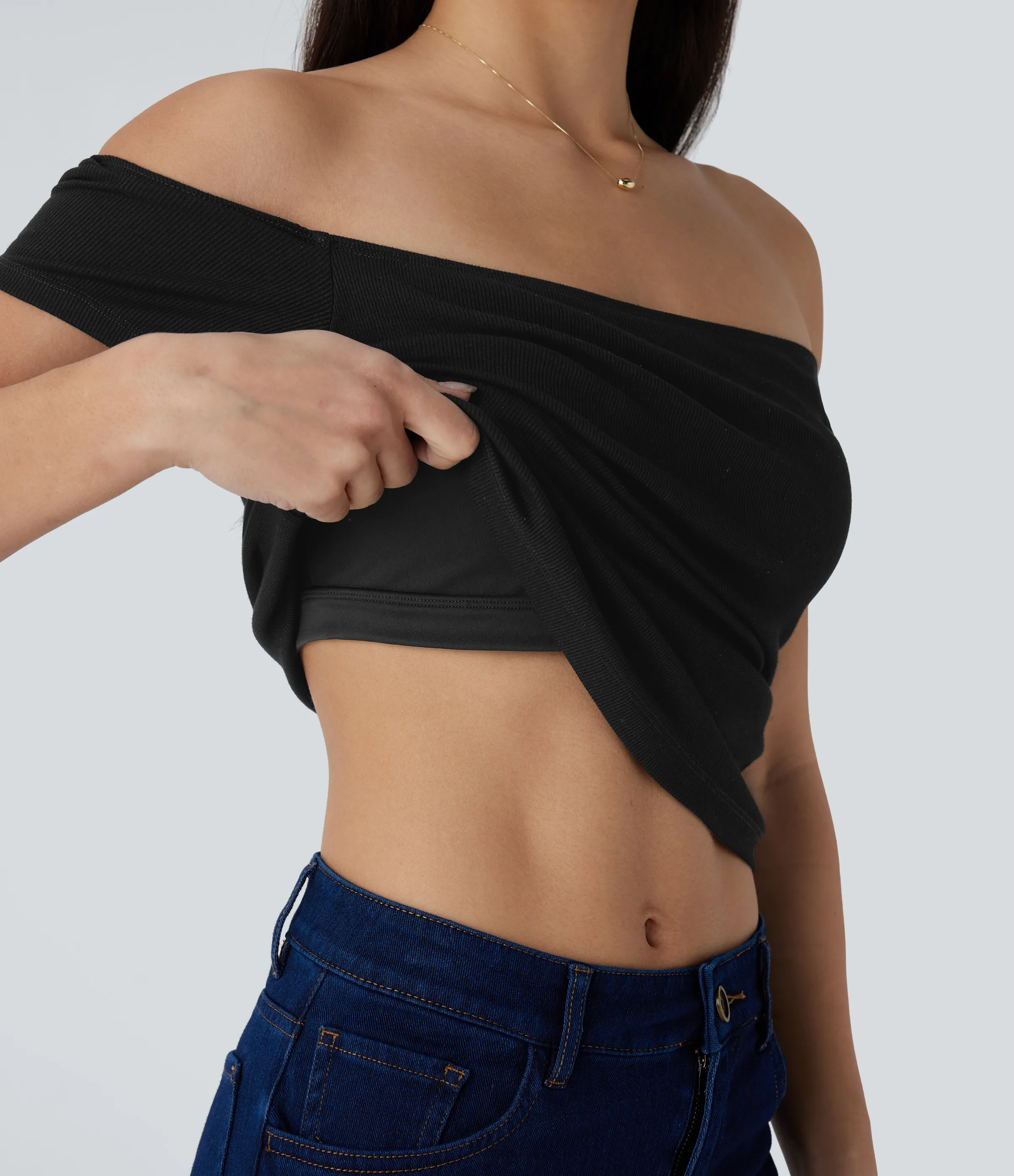 Halara Top informal 2 en 1 de punto acanalado con hombros descubiertos de manga corta y espalda descubierta - Black - M sold by Halara product image thumbnail 5