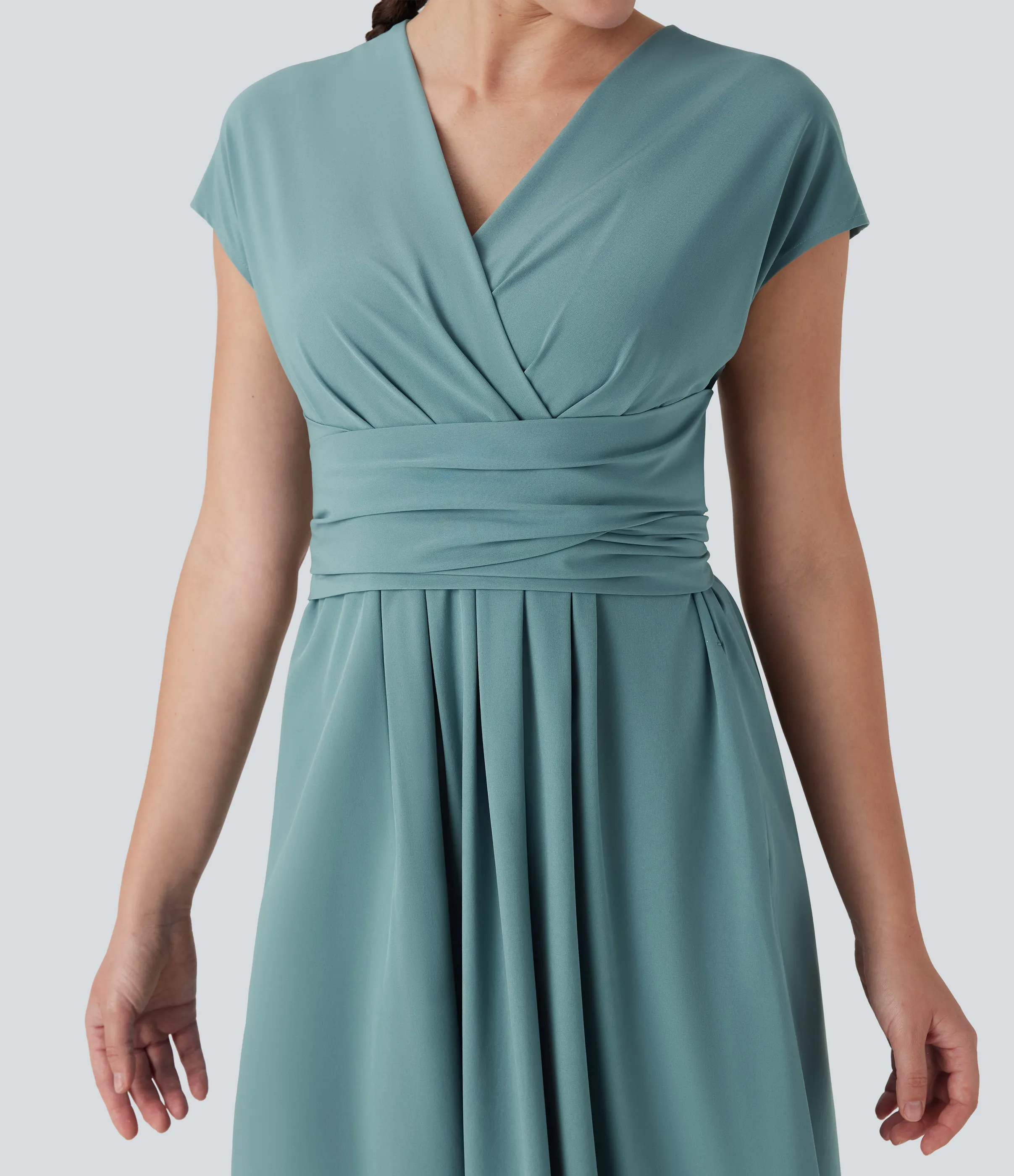 Halara Vestido casual midi Breezeful™ de secado rápido con cuello en V, manga corta, bolsillo lateral y lazo en la espalda - Stone Blue - M sold by Halara product image thumbnail 5