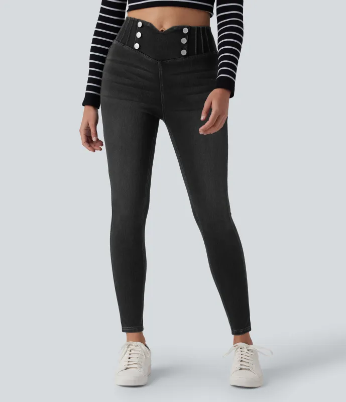 Halara Leggings casuales ajustados de mezclilla Halara Flex™ con control de abdomen y tiro alto con bolsillos - Poppy Seed Denim - S(regular) sold by Halara