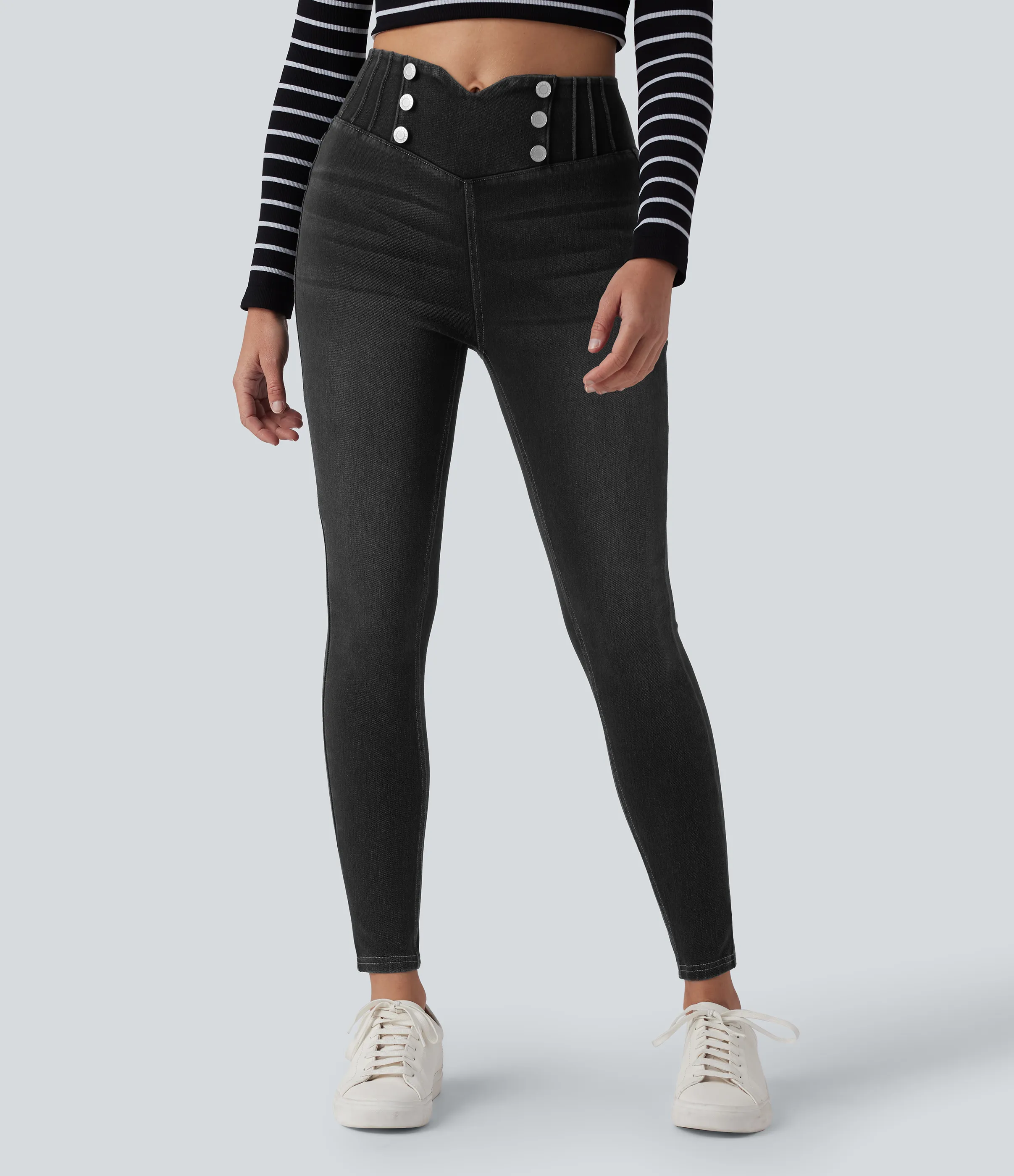 Halara Leggings casuales ajustados de mezclilla Halara Flex™ con control de abdomen y tiro alto con bolsillos - Poppy Seed Denim - S(regular) sold by Halara