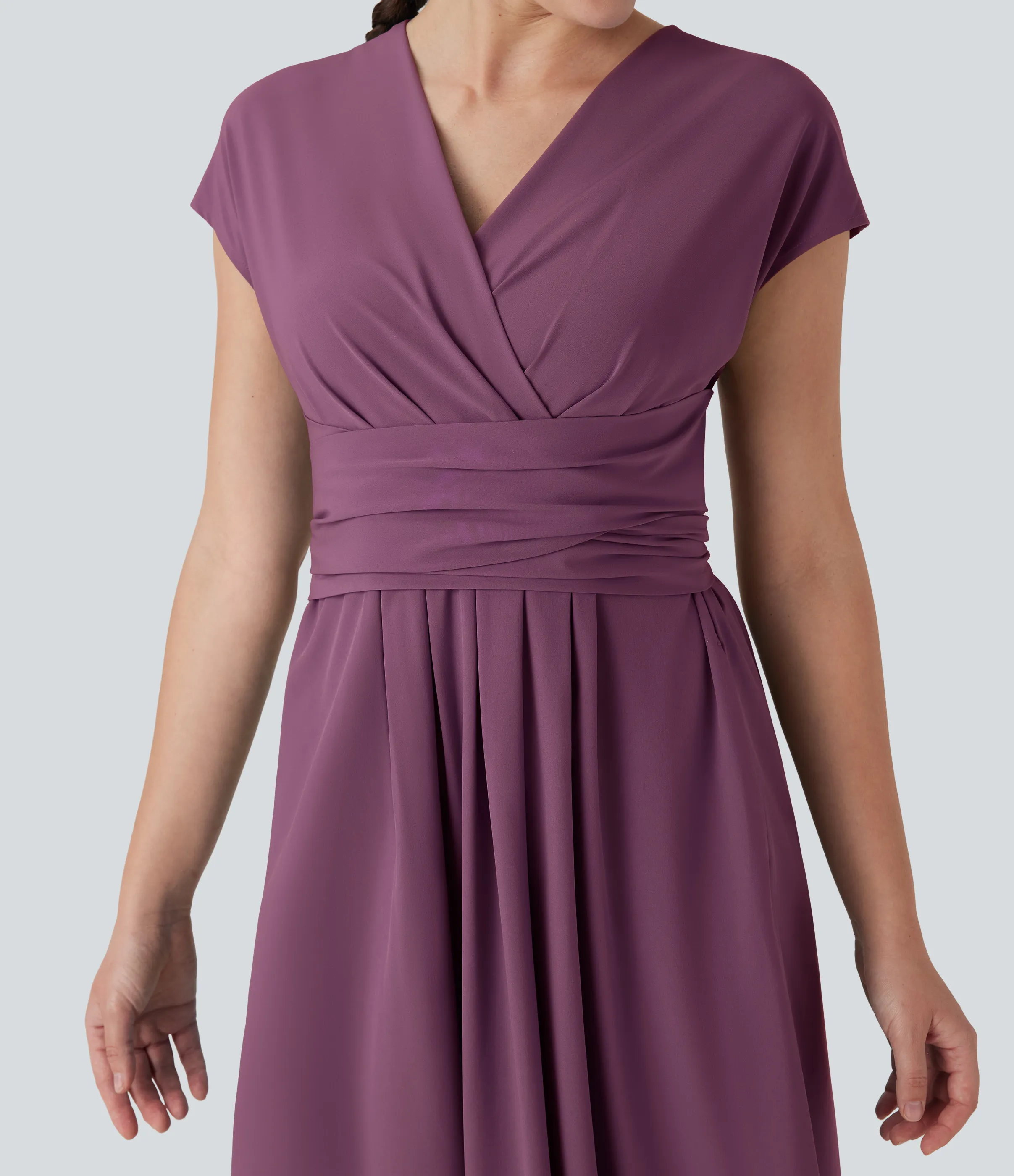 Halara Vestido casual midi Breezeful™ de secado rápido con cuello en V, manga corta, bolsillo lateral y lazo en la espalda - Amaranth - XS sold by Halara product image thumbnail 5