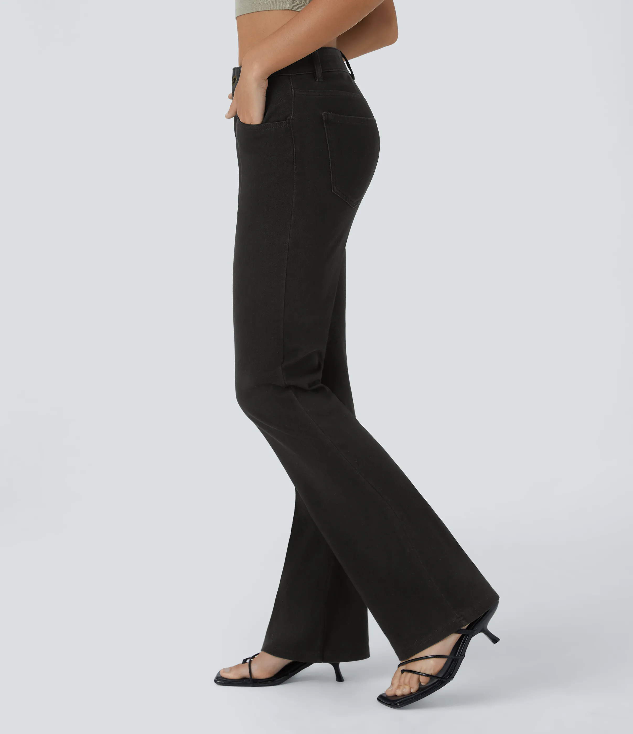 Halara Jeans Halara Flex™ Denim en corte de bota elásticos de tiro medio con botón y bolsillos - Black Denim - M(regular) sold by Halara product image thumbnail 4