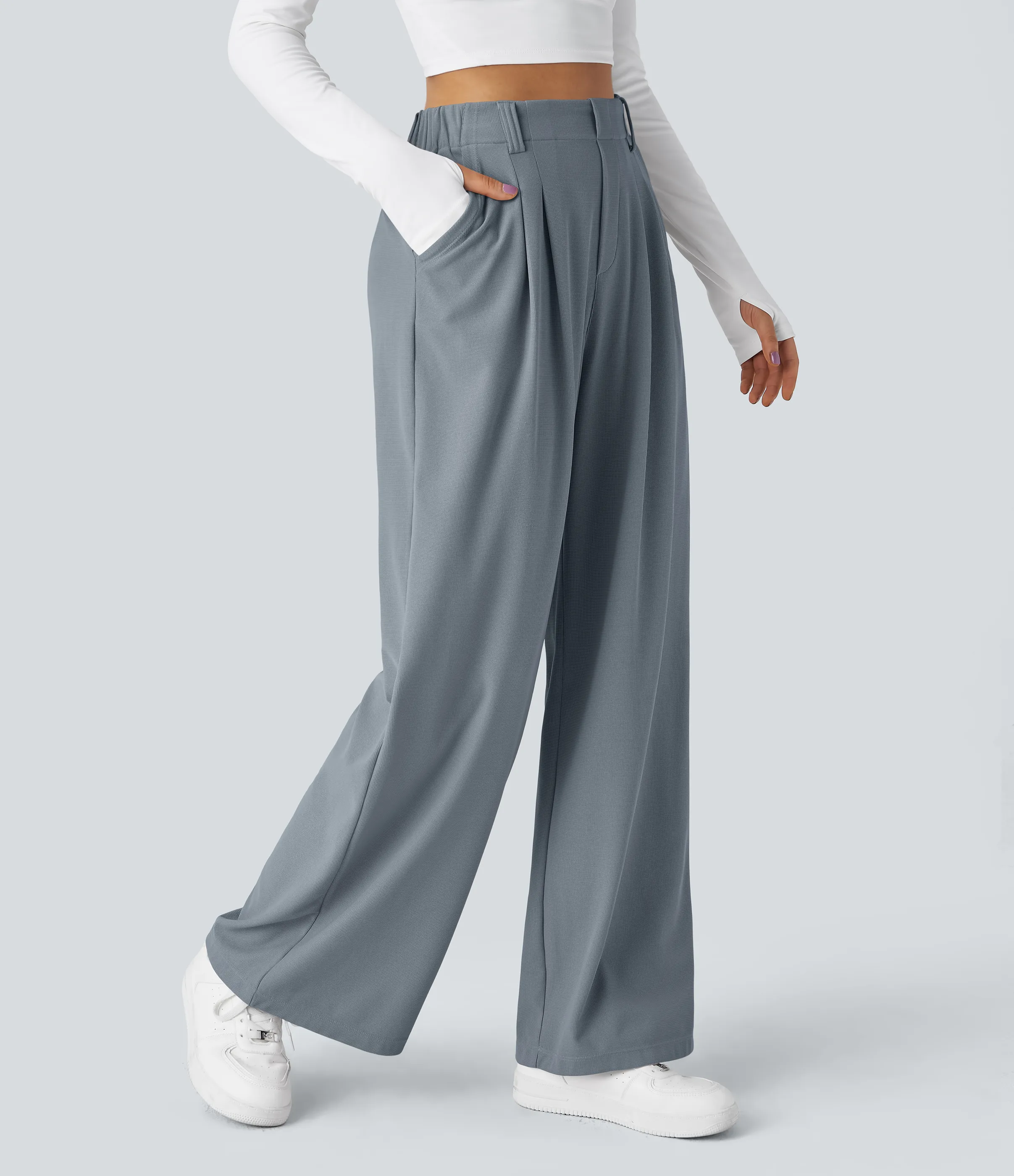 Halara Pantalones Halara Flex™ de oficina anchos plisados de tiro alto con bolsillos en tela tipo gofre - Weathervane - XL(regular) sold by Halara