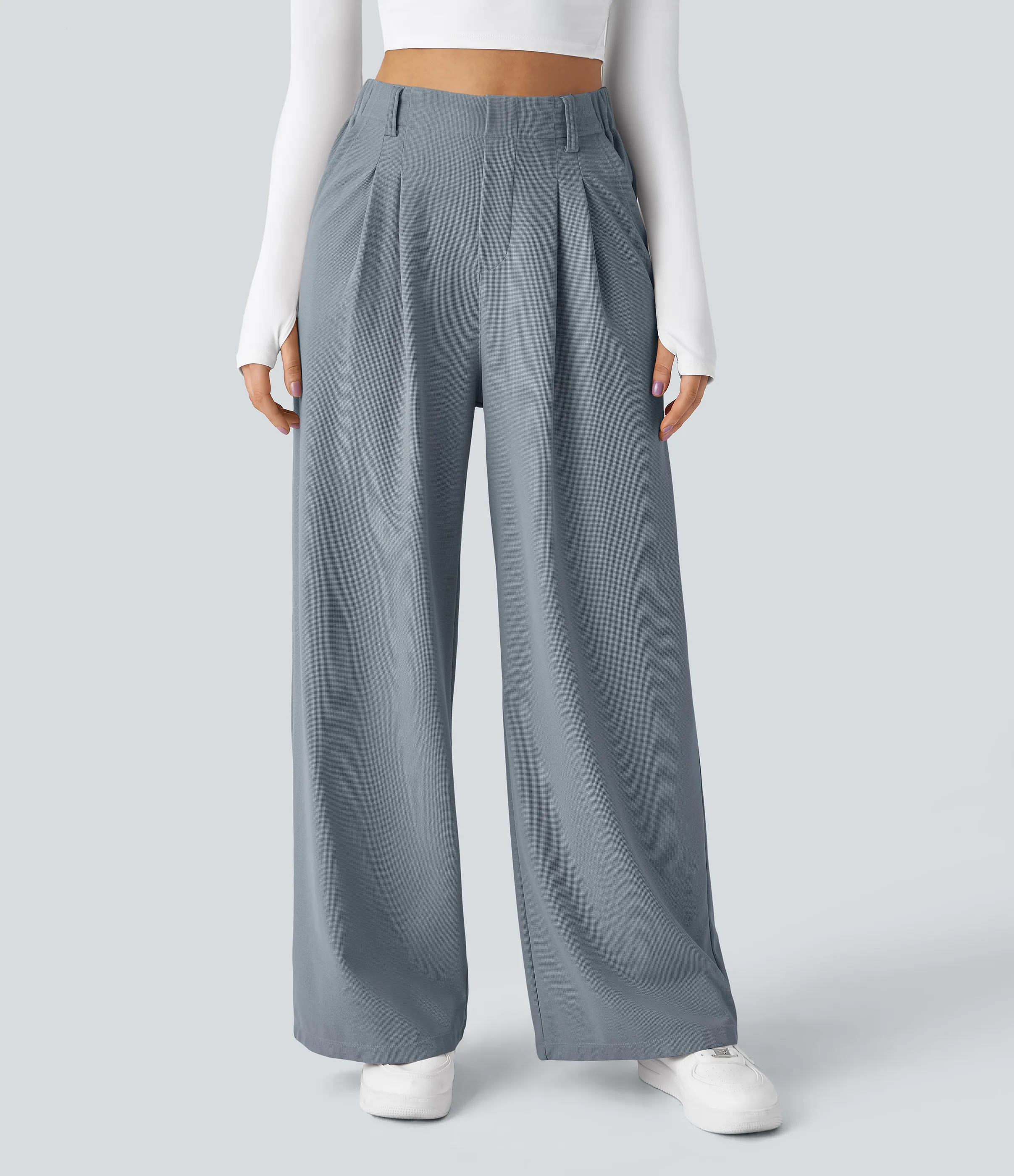 Halara Pantalones Halara Flex™ de oficina anchos plisados de tiro alto con bolsillos en tela tipo gofre - Weathervane - XL(regular) sold by Halara product image thumbnail 4