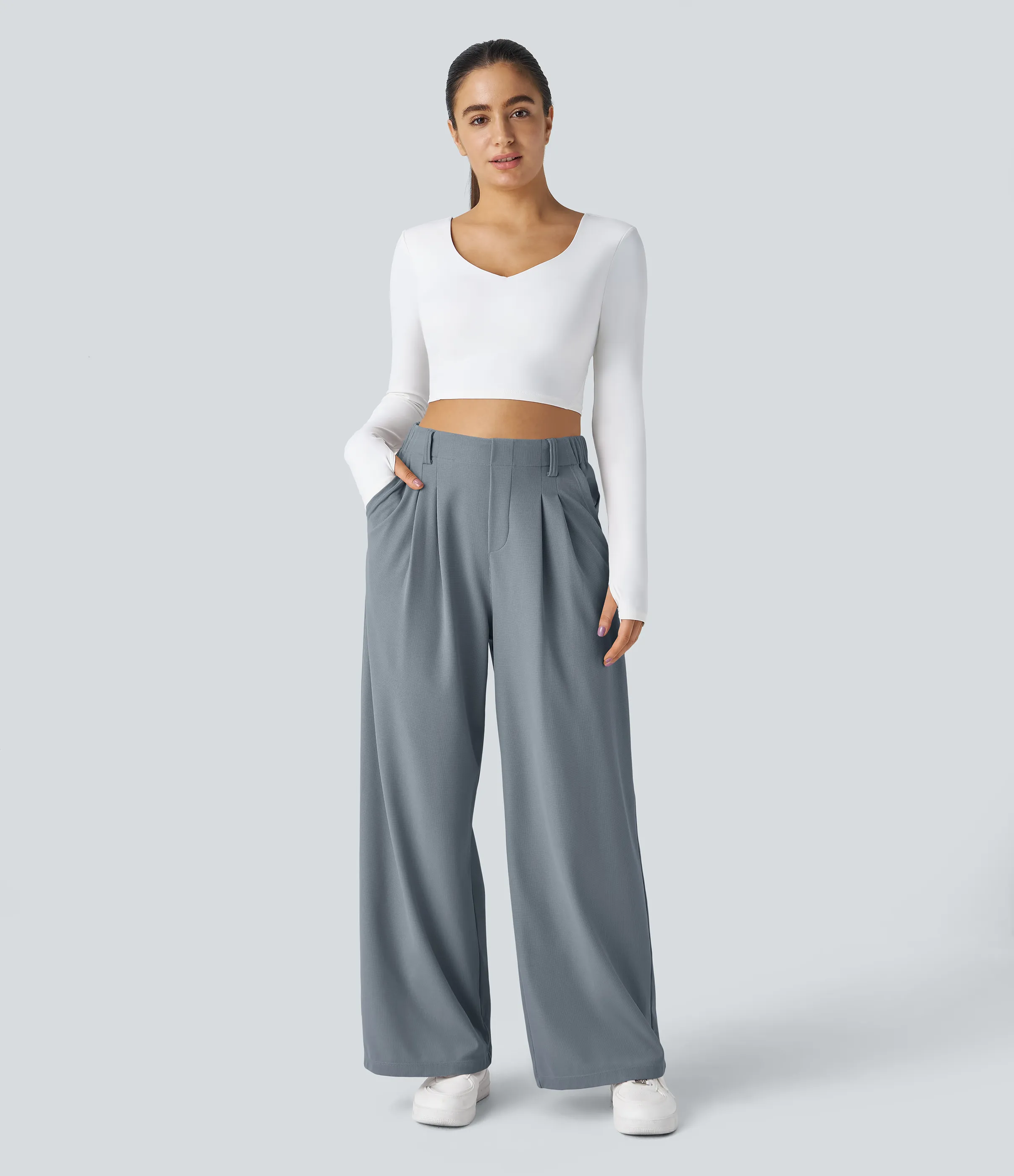 Halara Pantalones Halara Flex™ de oficina anchos plisados de tiro alto con bolsillos en tela tipo gofre - Weathervane - XL(regular) sold by Halara product image thumbnail 5
