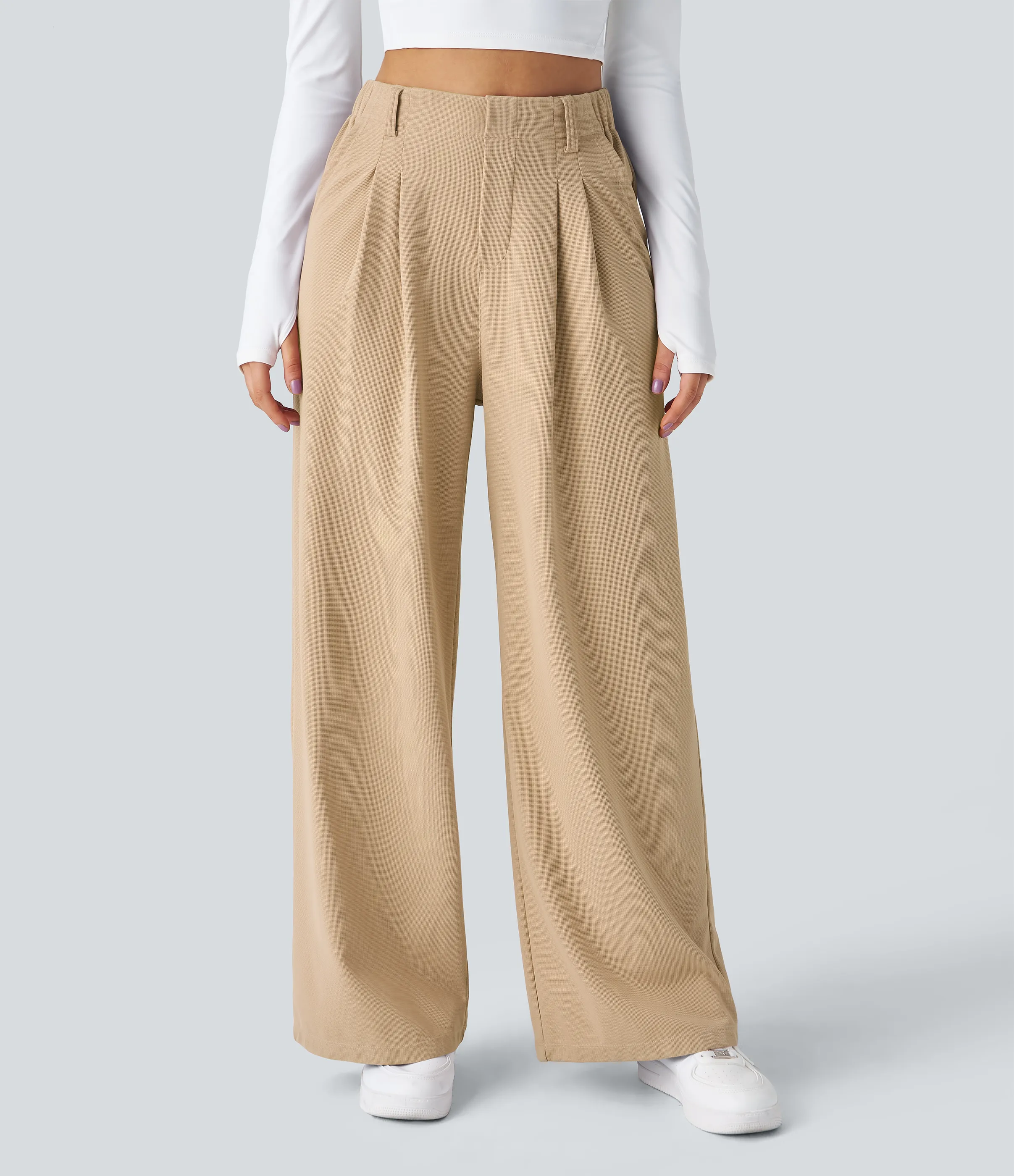 Halara Pantalones Halara Flex™ de oficina anchos plisados de tiro alto con bolsillos en tela tipo gofre - Mellow Buff - S(regular) sold by Halara product image thumbnail 4