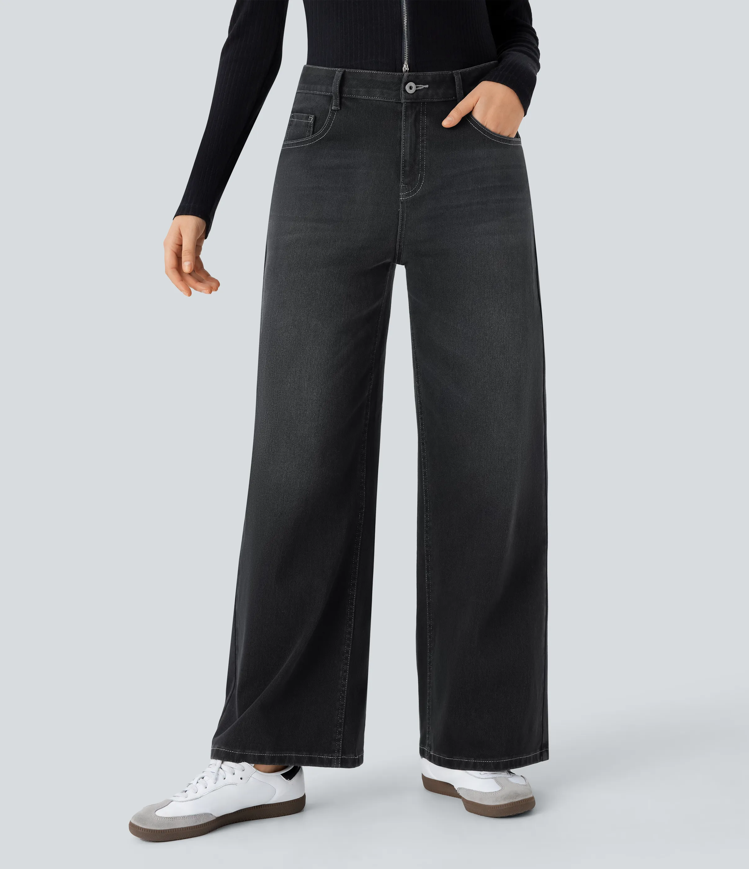 Halara Jeans Baggy Halara Flex™ Denim tiro bajo botón cremallera múltiple bolsillo elástico lavado holgado pierna ancha - Dirty Black Denim - M(tall) sold by Halara